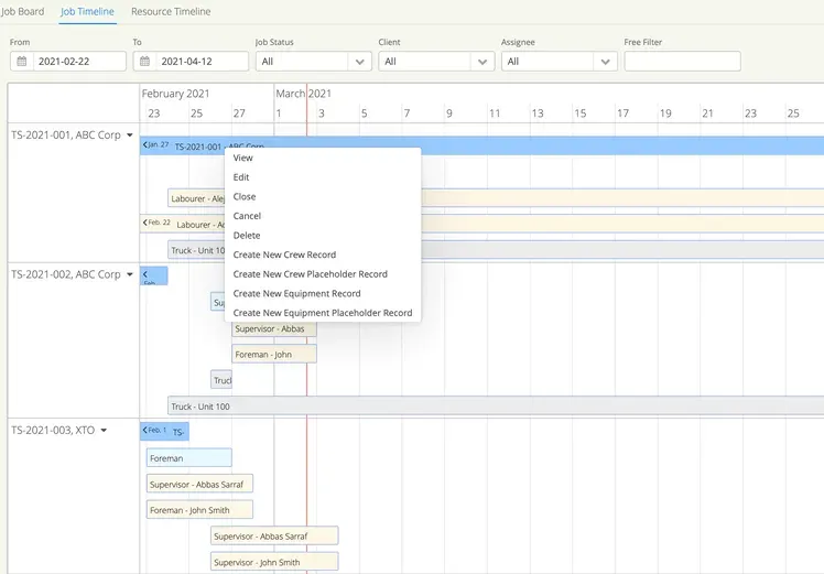 The Aimsio Job Board view makes resource dispatching easy. Assign placeholders for resources until you have the information at a later date.