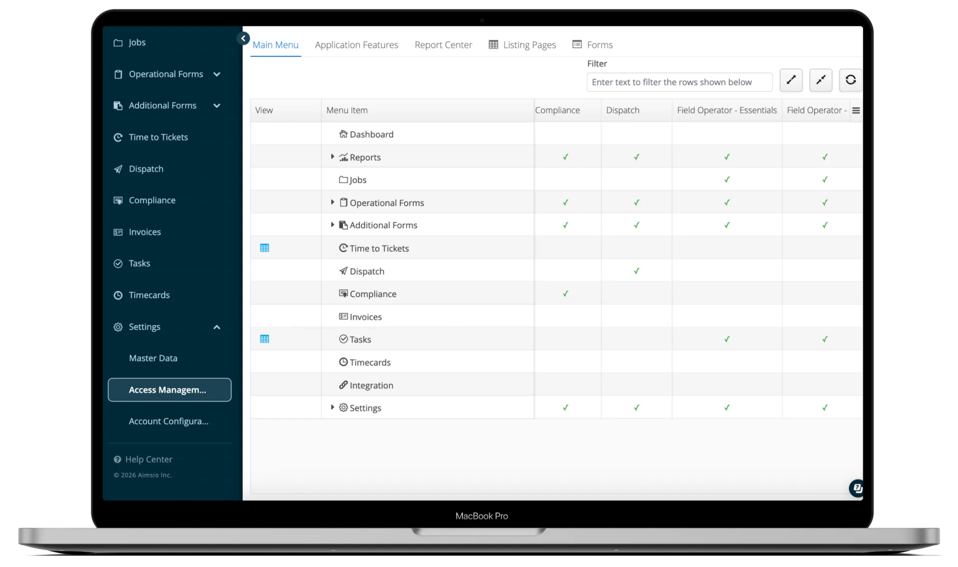 Aimsio role definition screen showing six configurable roles