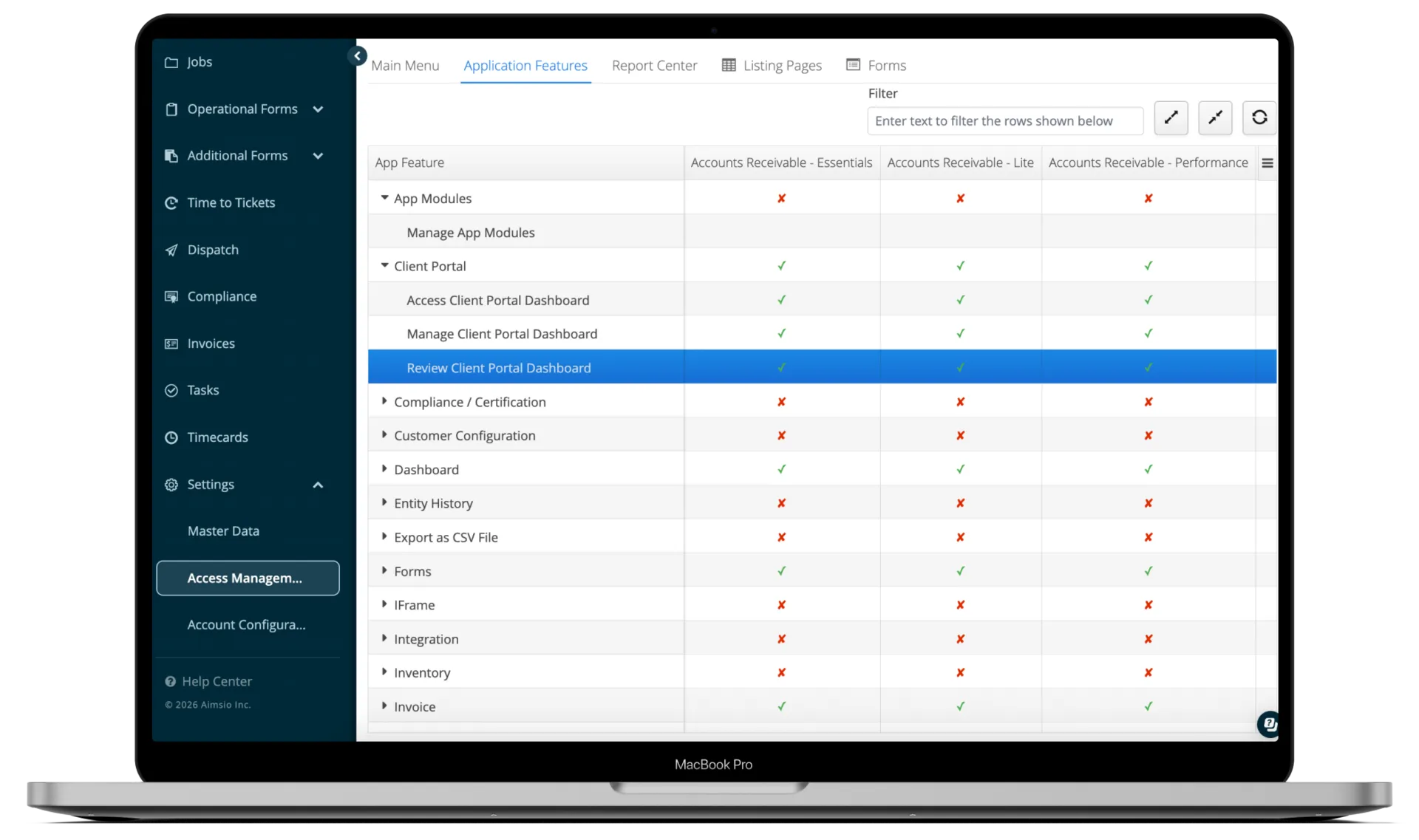 Aimsio permissions configuration screen showing feature and field controls