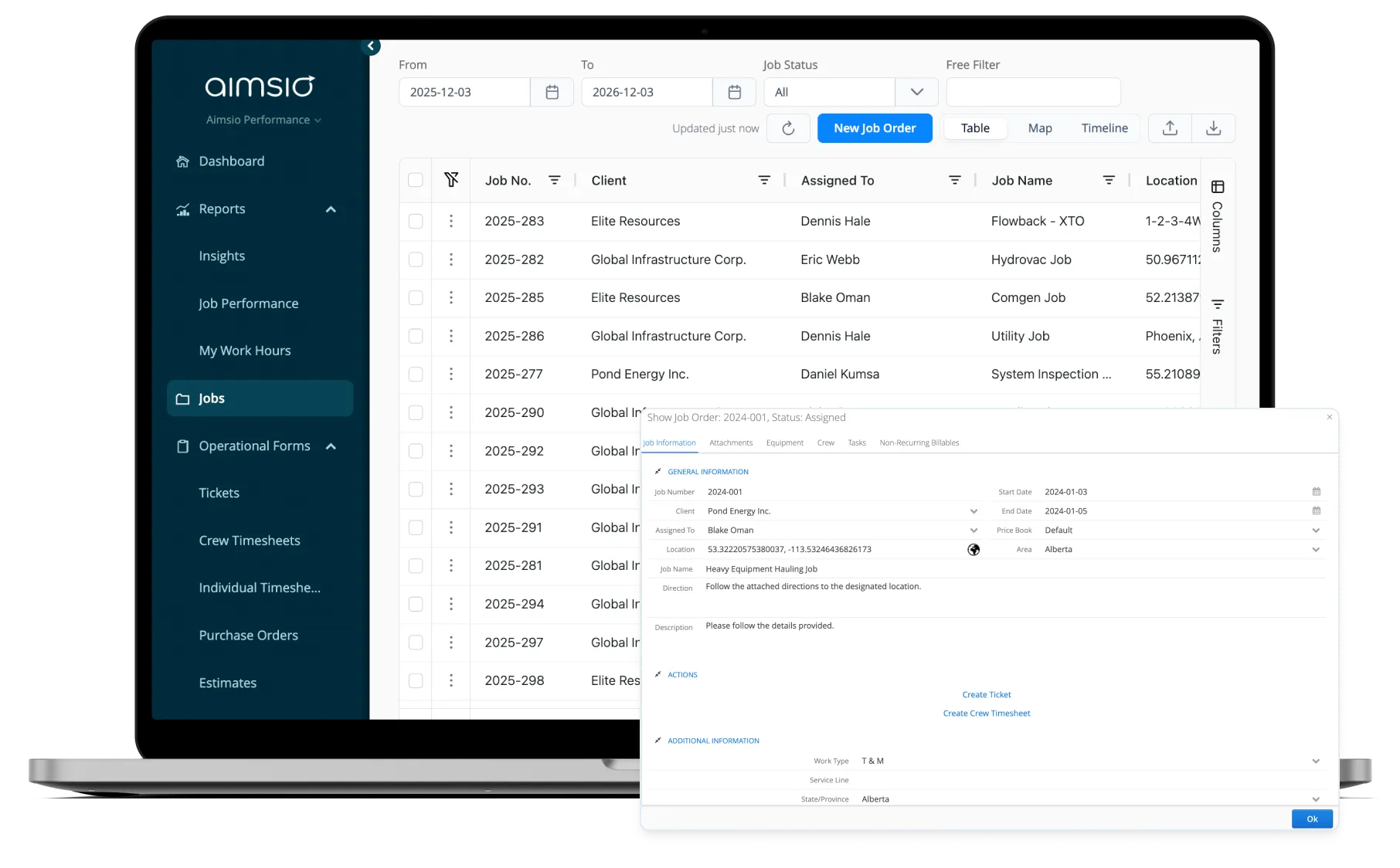Field tickets and jobs in Aimsio
