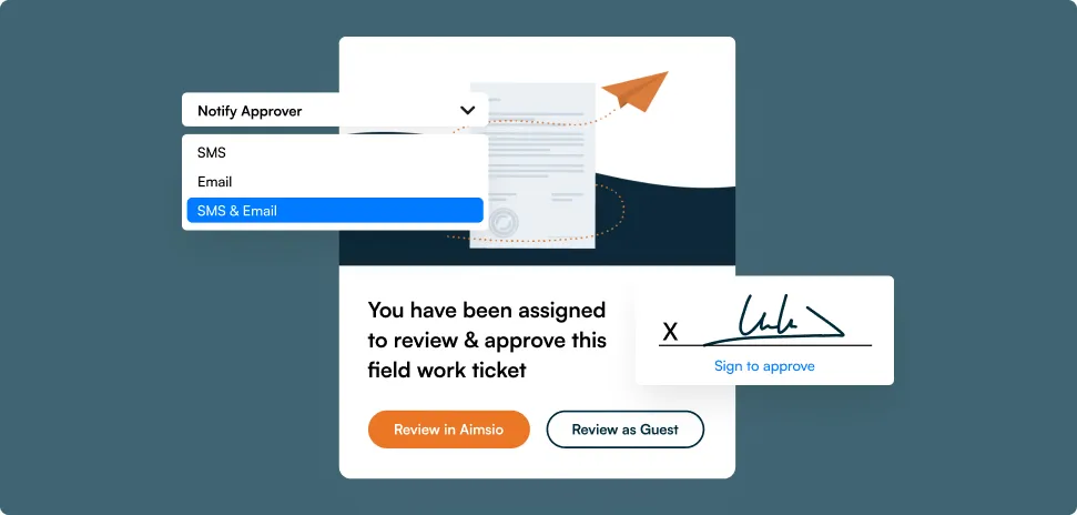 Aimsio Client Portal approval notification showing email alert, electronic signature field, and SMS notification options for approvers
