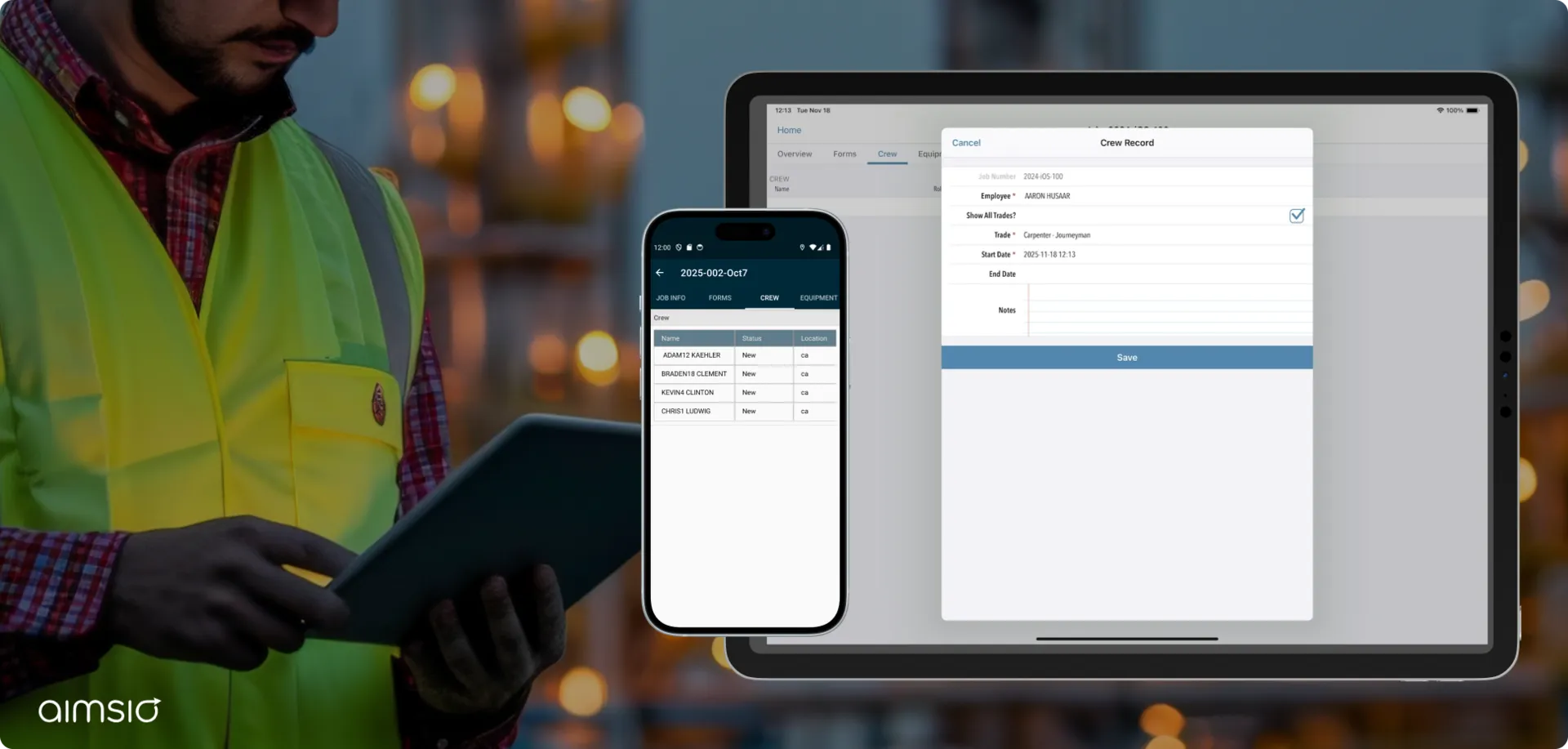 Oilfield worker with a tablet in the background. Mobile and tablet interface in the foreground showing the job assignment feature on Aimsio's field service management software.
