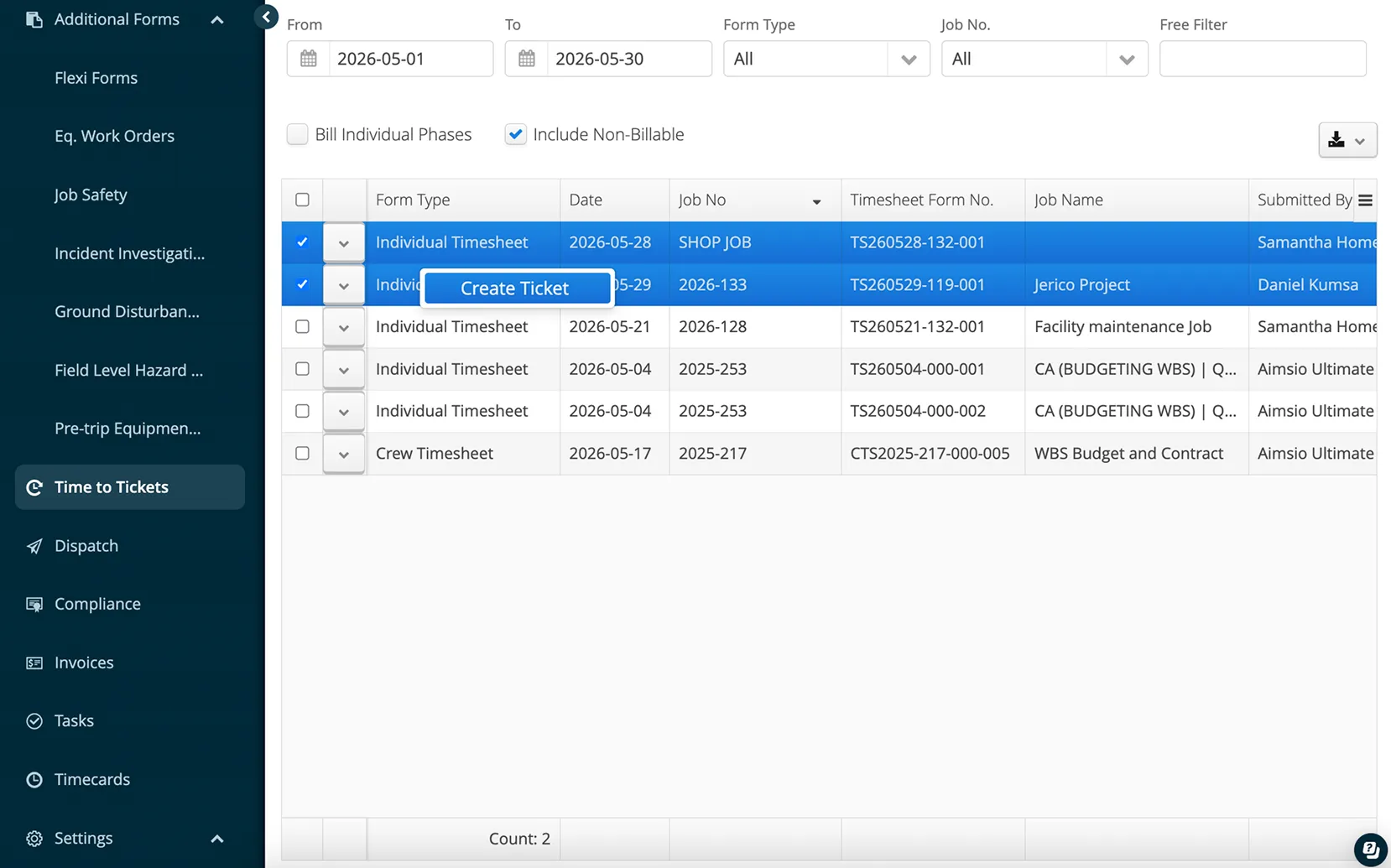 Aimsio Billing Automation converting timesheets to customer tickets