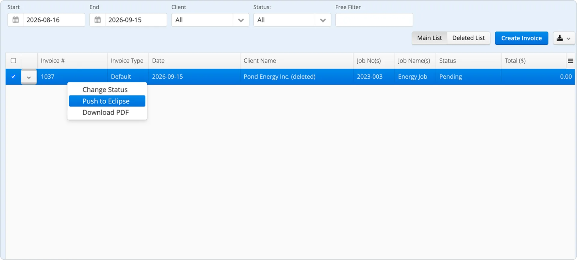 Aimsio invoice list showing the Push to Eclipse action for an approved invoice