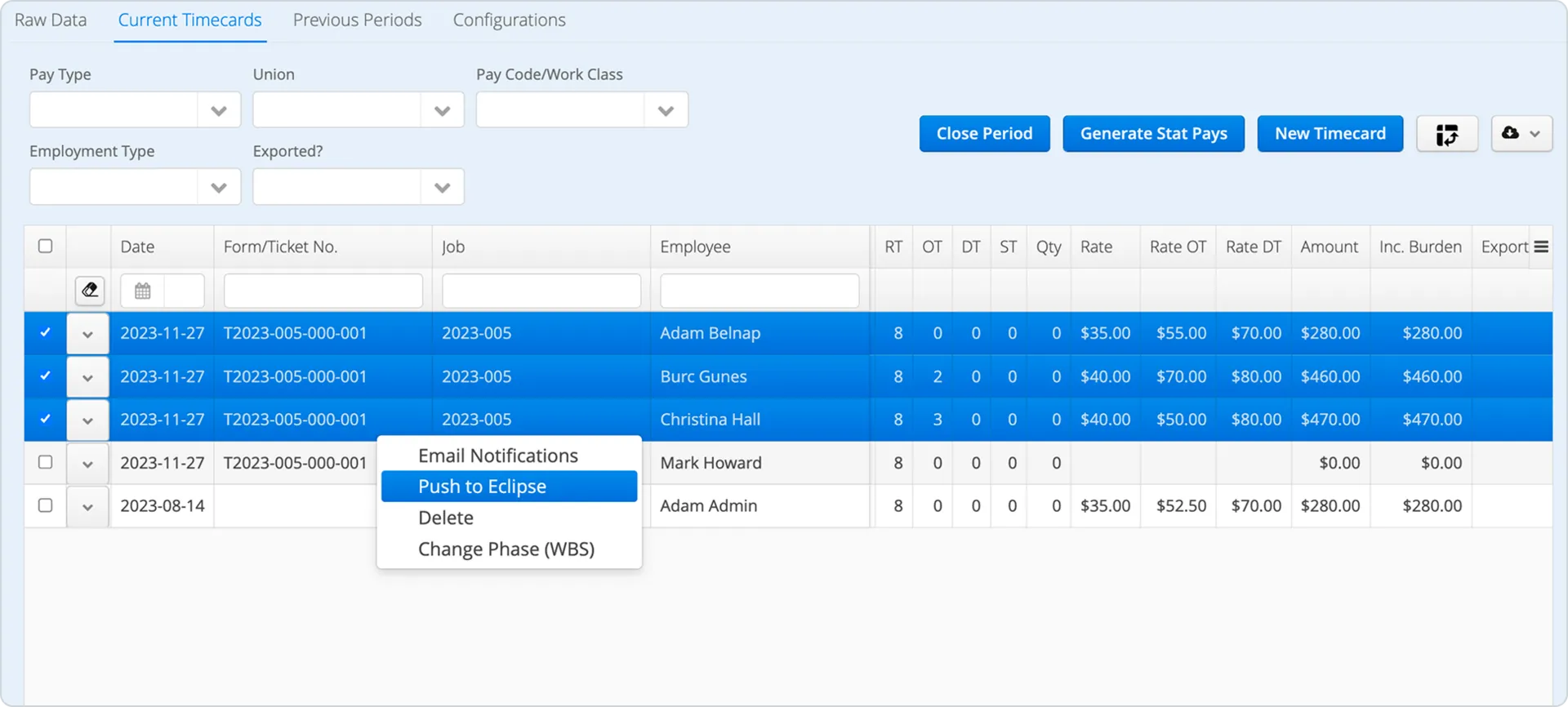 Aimsio timecards screen showing the Push to Eclipse action, with rates and hour breakdowns per employee