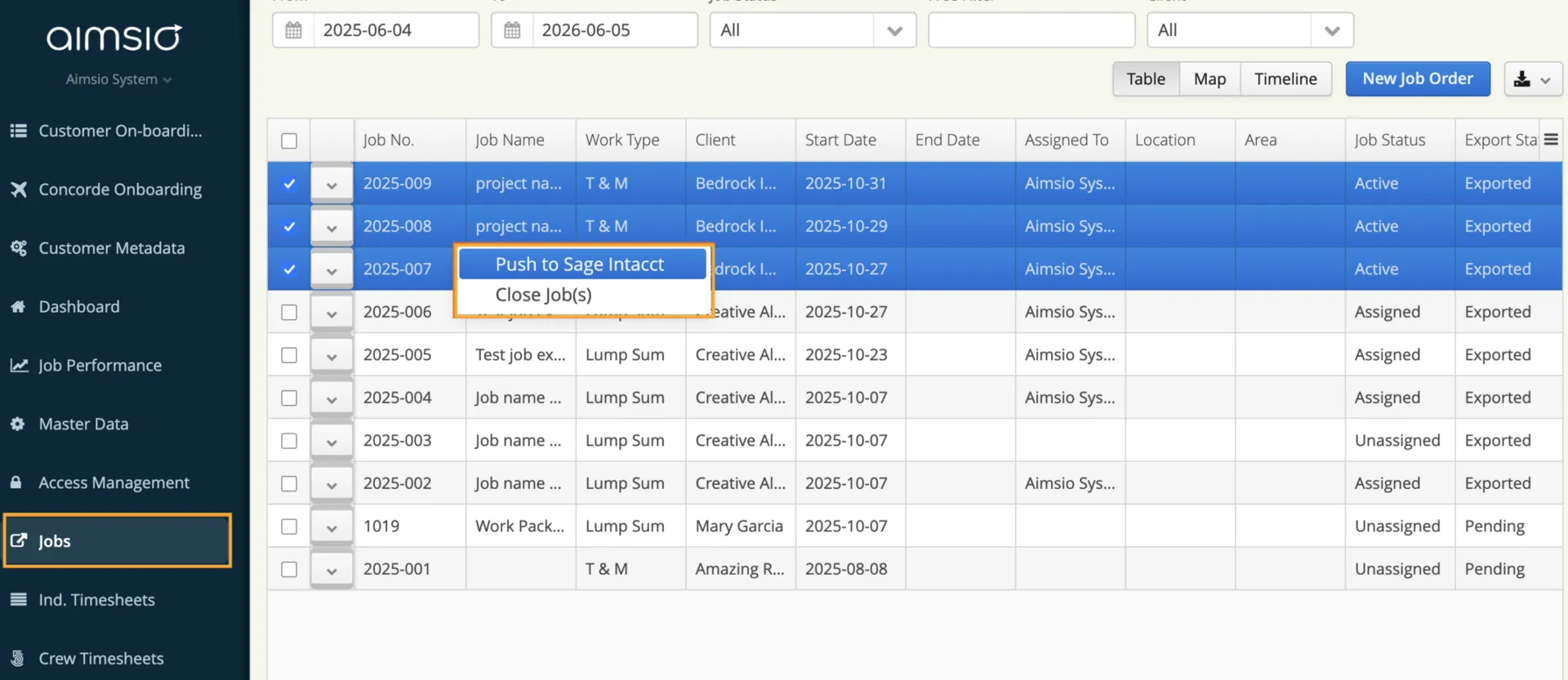 Aimsio Sage Intacct integration flow