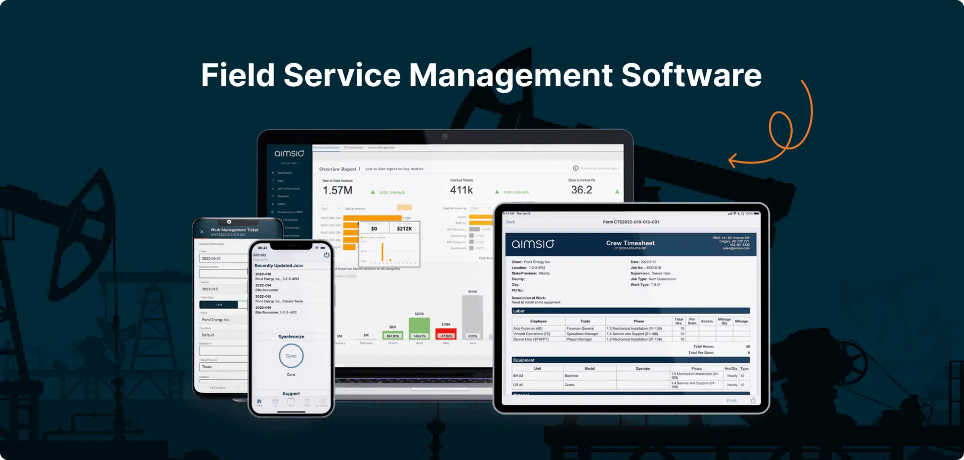 Aimsio field service management software (FSM) interface on tablets and mobile, showing real-time data on the dashboard, crew timesheet, and work ticket.