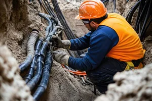 Utility construction trench excavation with crew working underground installation