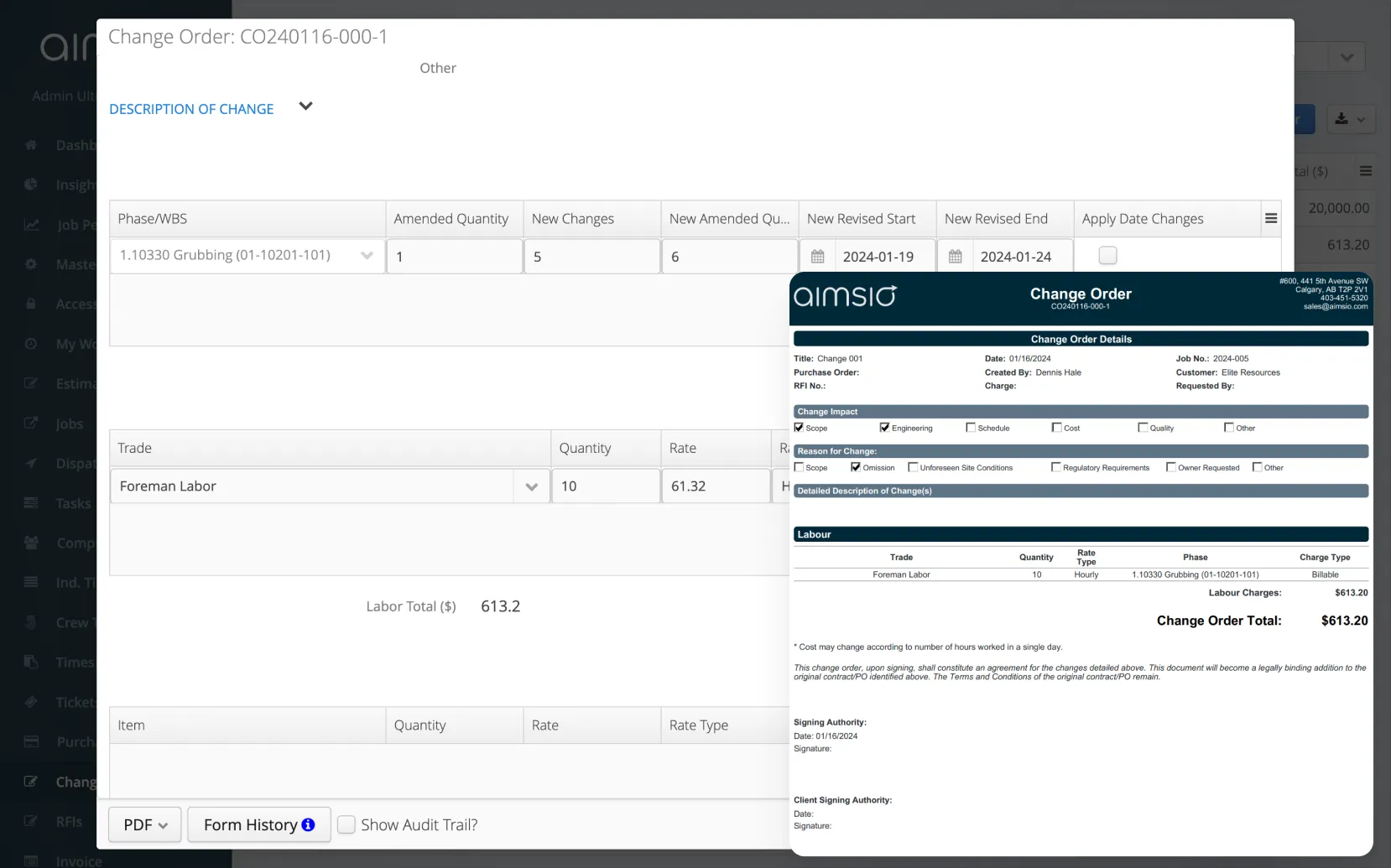 Aimsio change order management dashboard showing scope change tracking