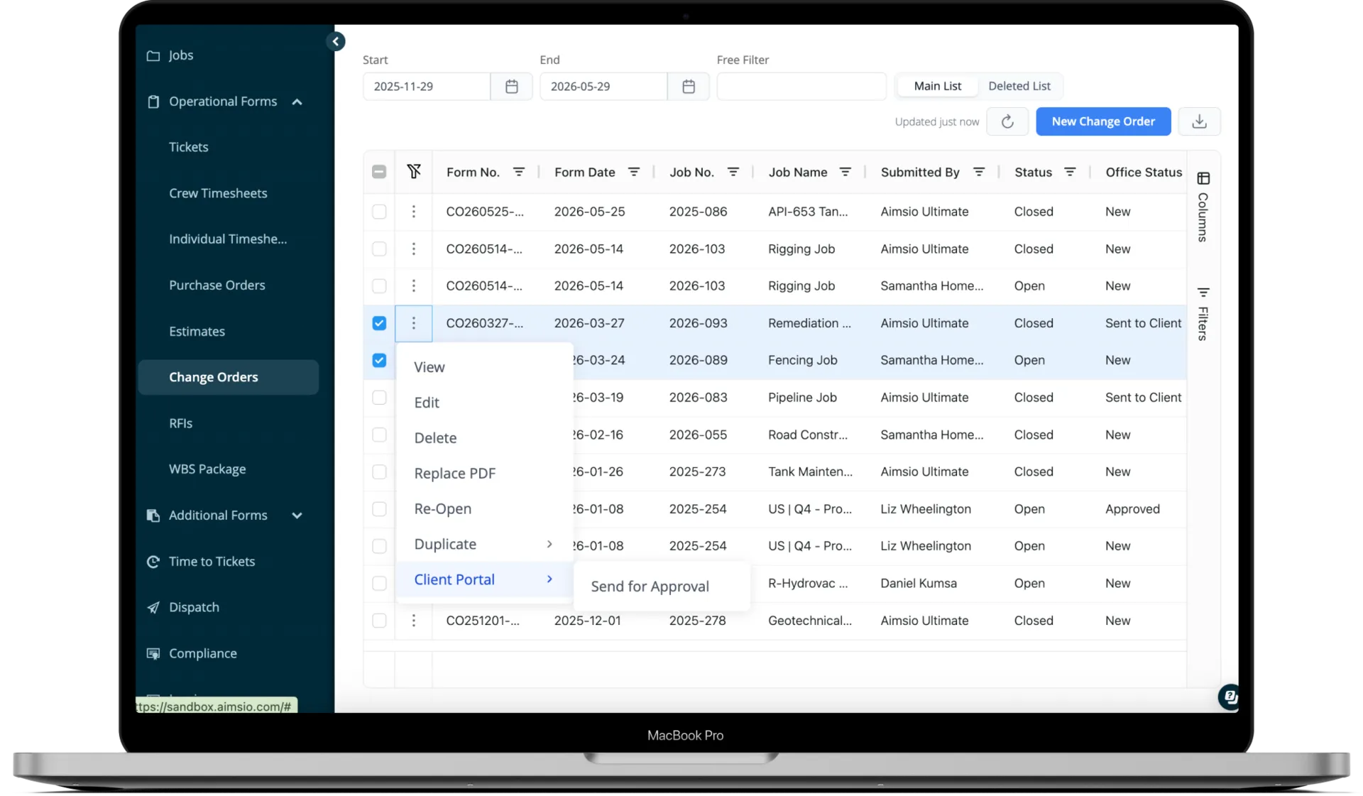 Aimsio change orders approval list view