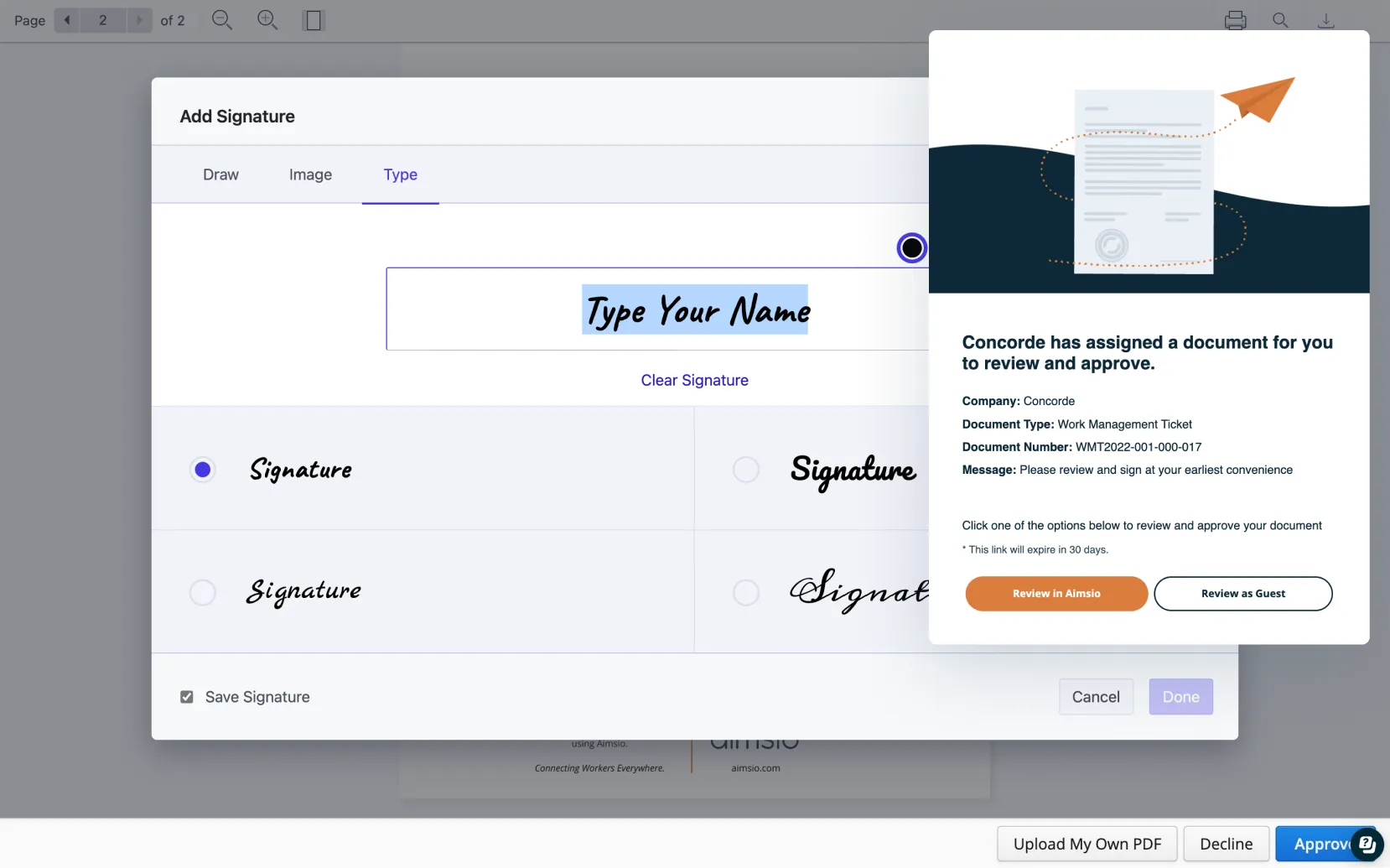 Aimsio Client Portal showing client-facing document approval interface