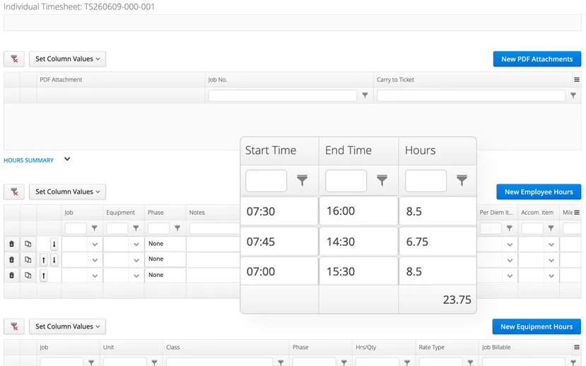 Aimsio timesheet showing start time, end time, and automatically calculated hours
