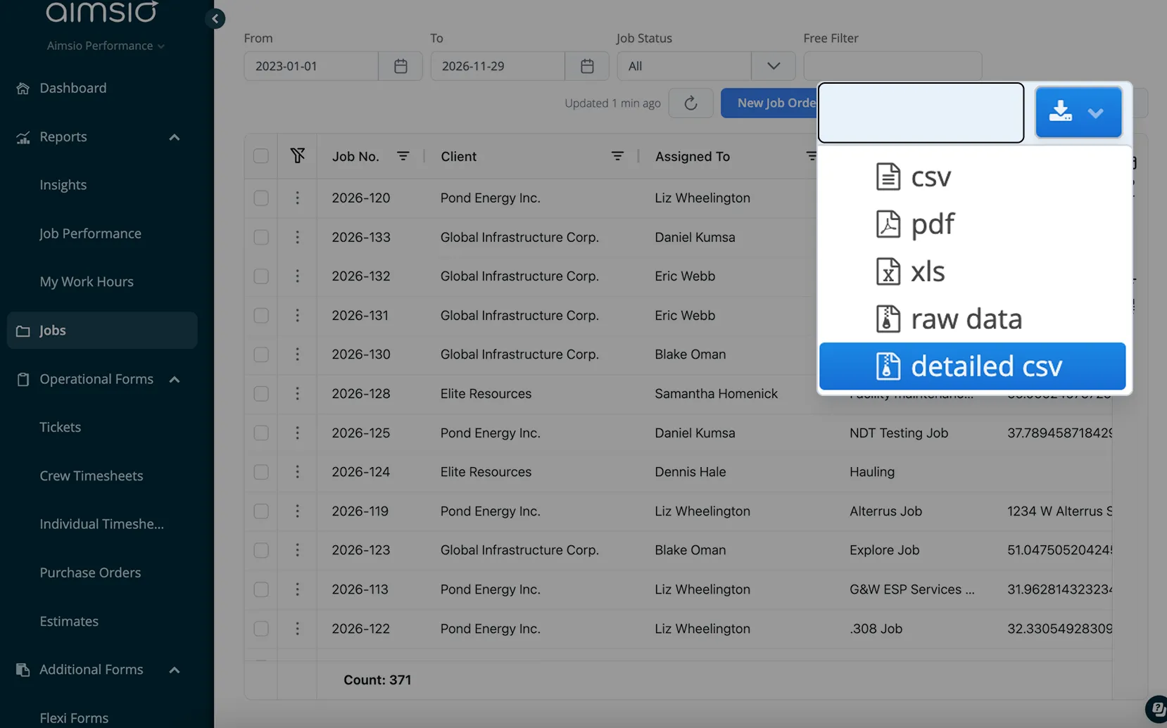 Aimsio CSV export data selection interface showing export options