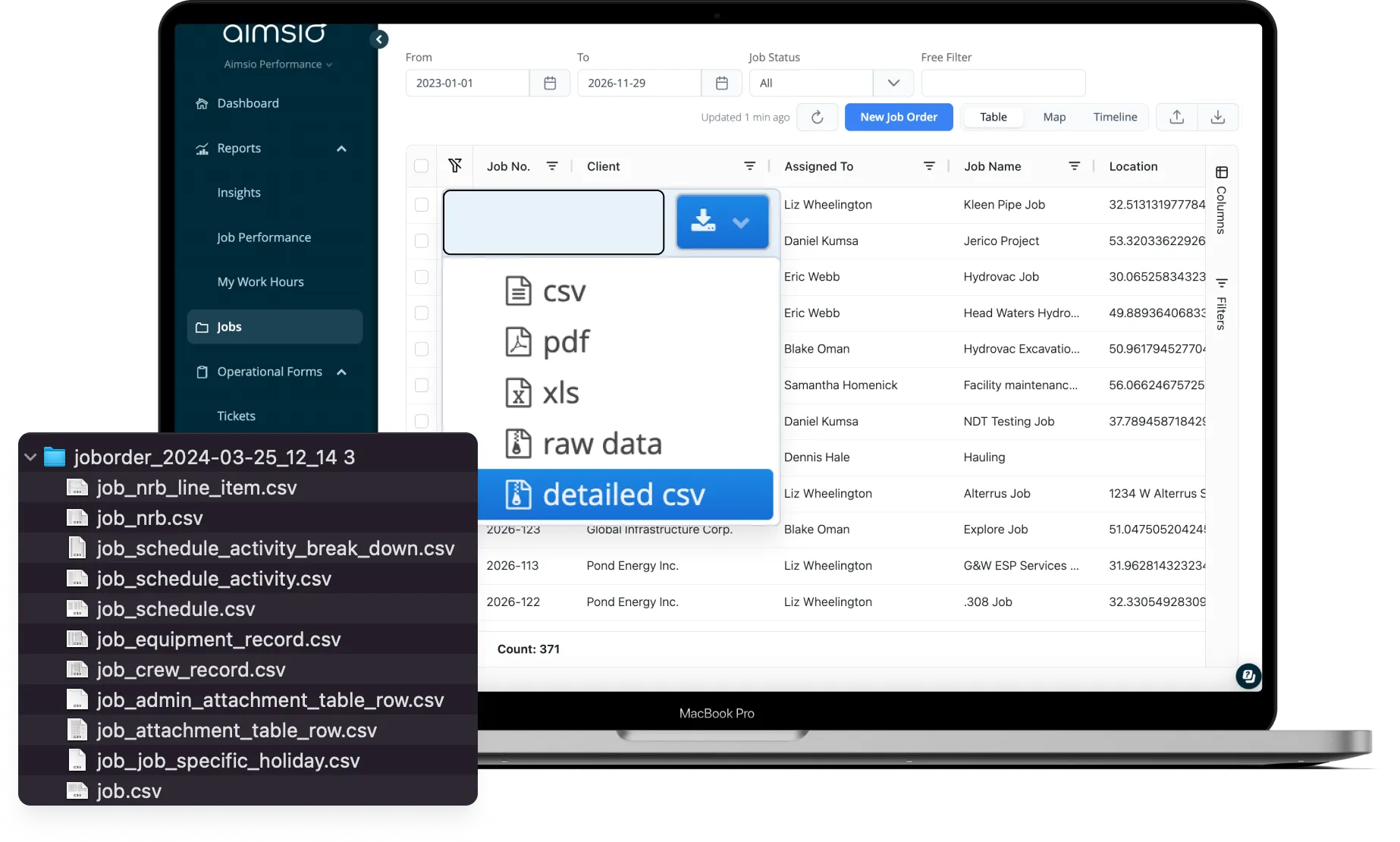 Aimsio CSV export column configuration showing basic and detailed options