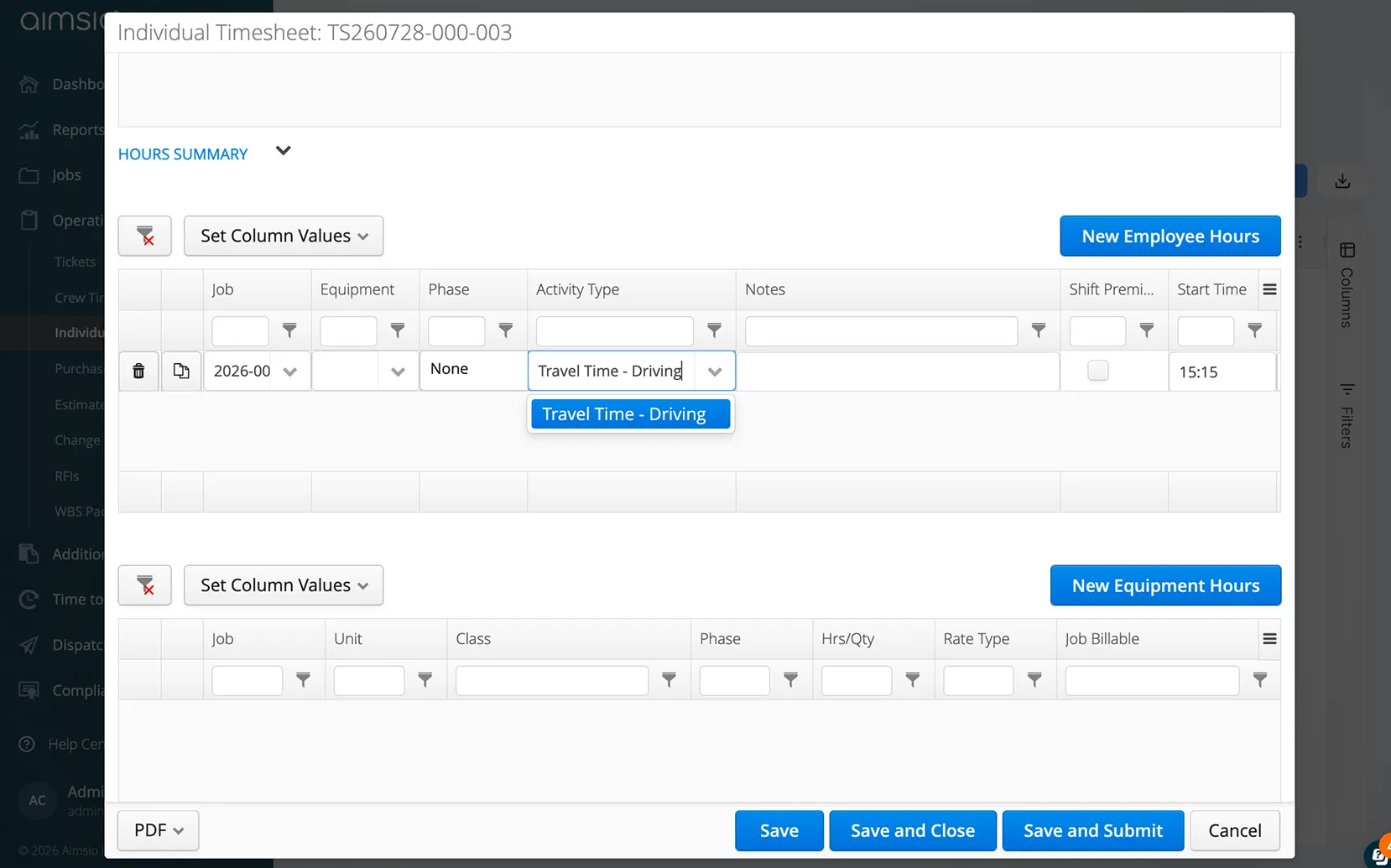 Aimsio Individual Timesheet with the Activity Type column dropdown open, selecting Travel Time - Driving from the custom list