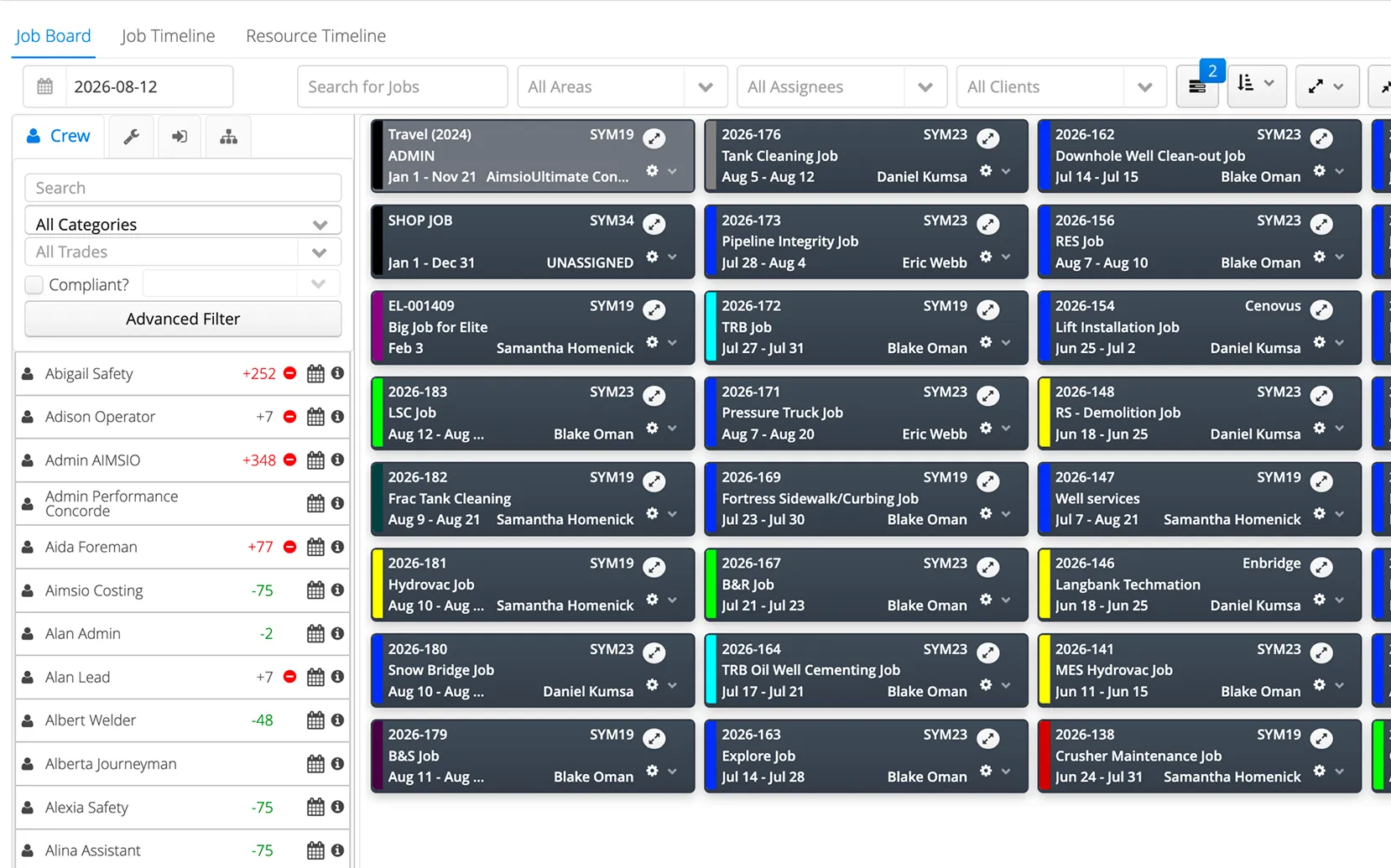 Aimsio dispatch Job Board without the configuration — every division's jobs and crew shown together, Area filter set to All Areas