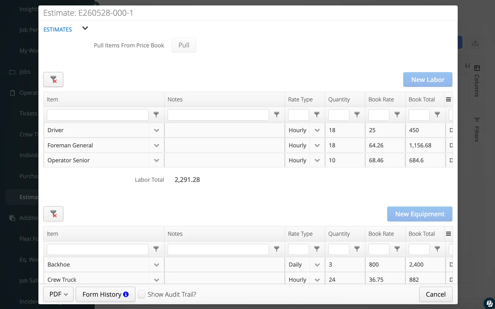 Aimsio T&M estimate builder showing itemized quote with labor and equipment rates