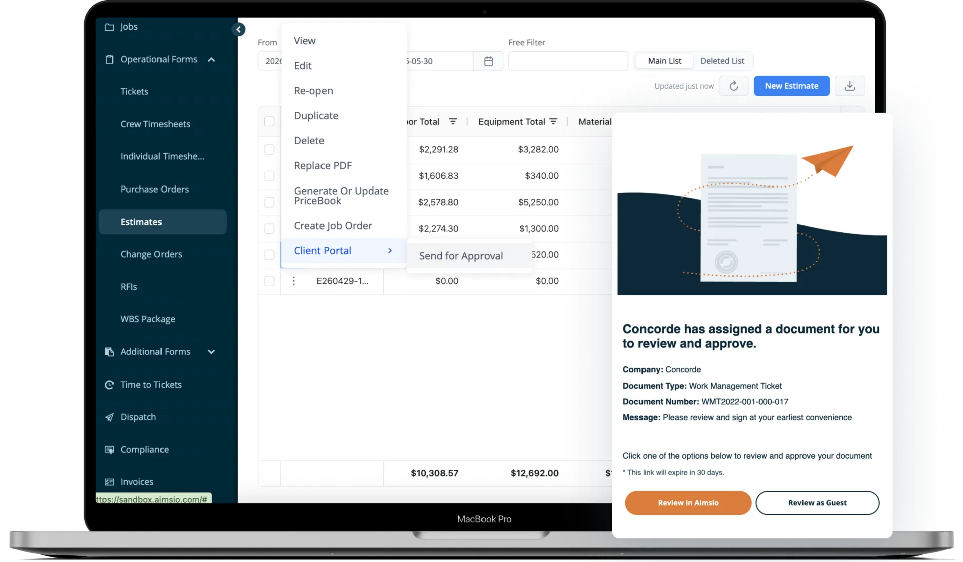 Aimsio estimate client approval screen