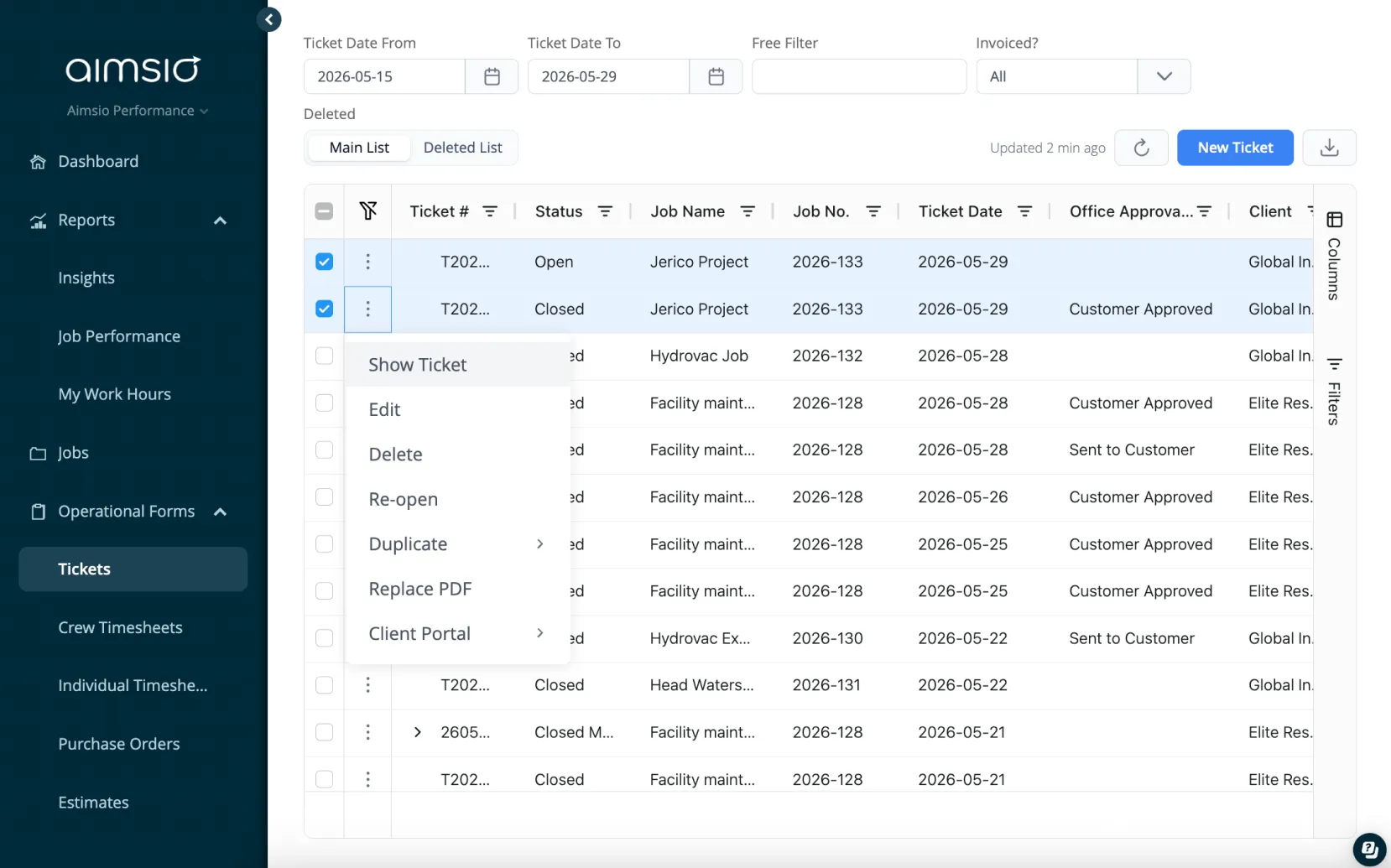 Aimsio field tickets interface