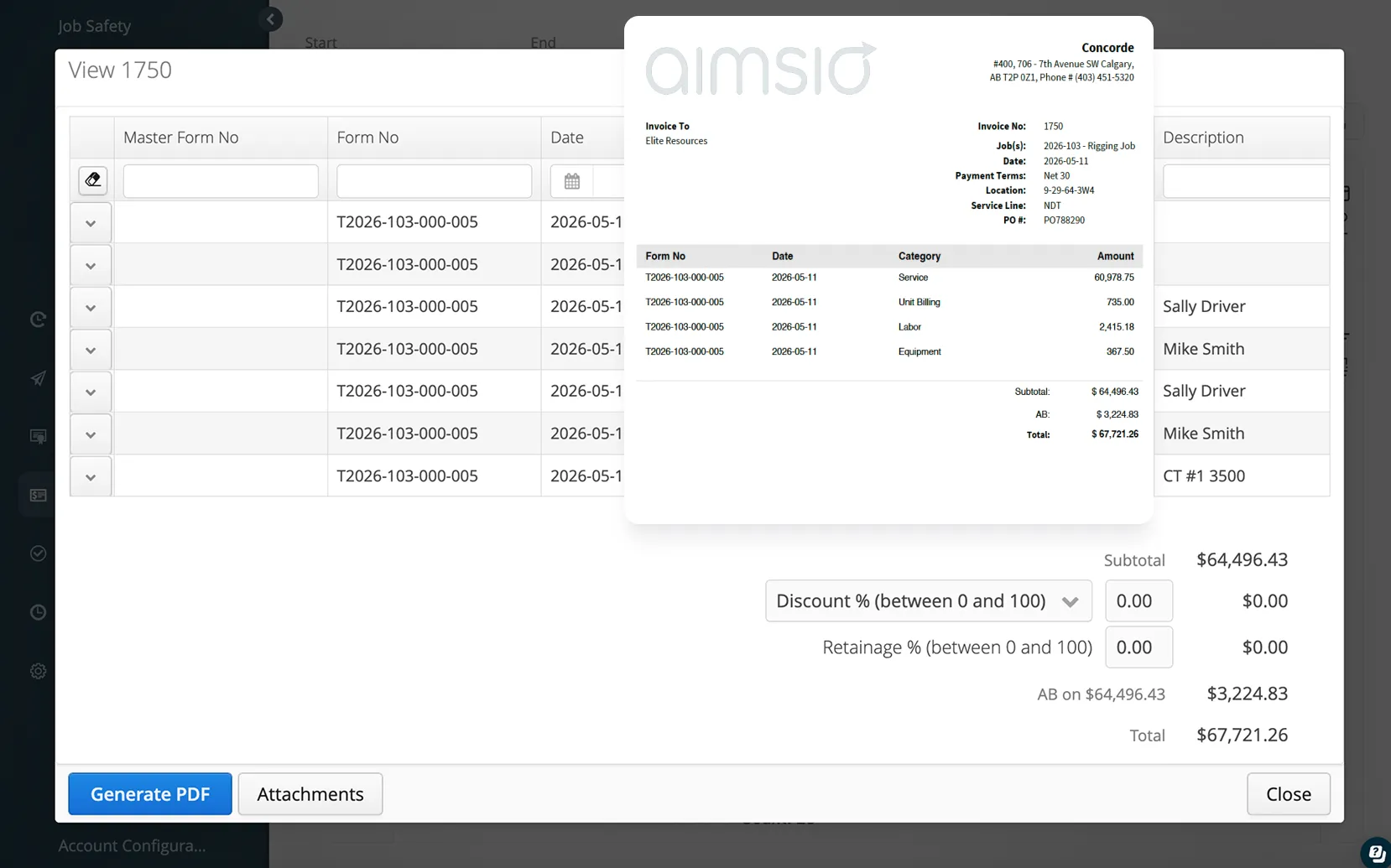 Aimsio invoicing dashboard showing one-click ticket to invoice conversion