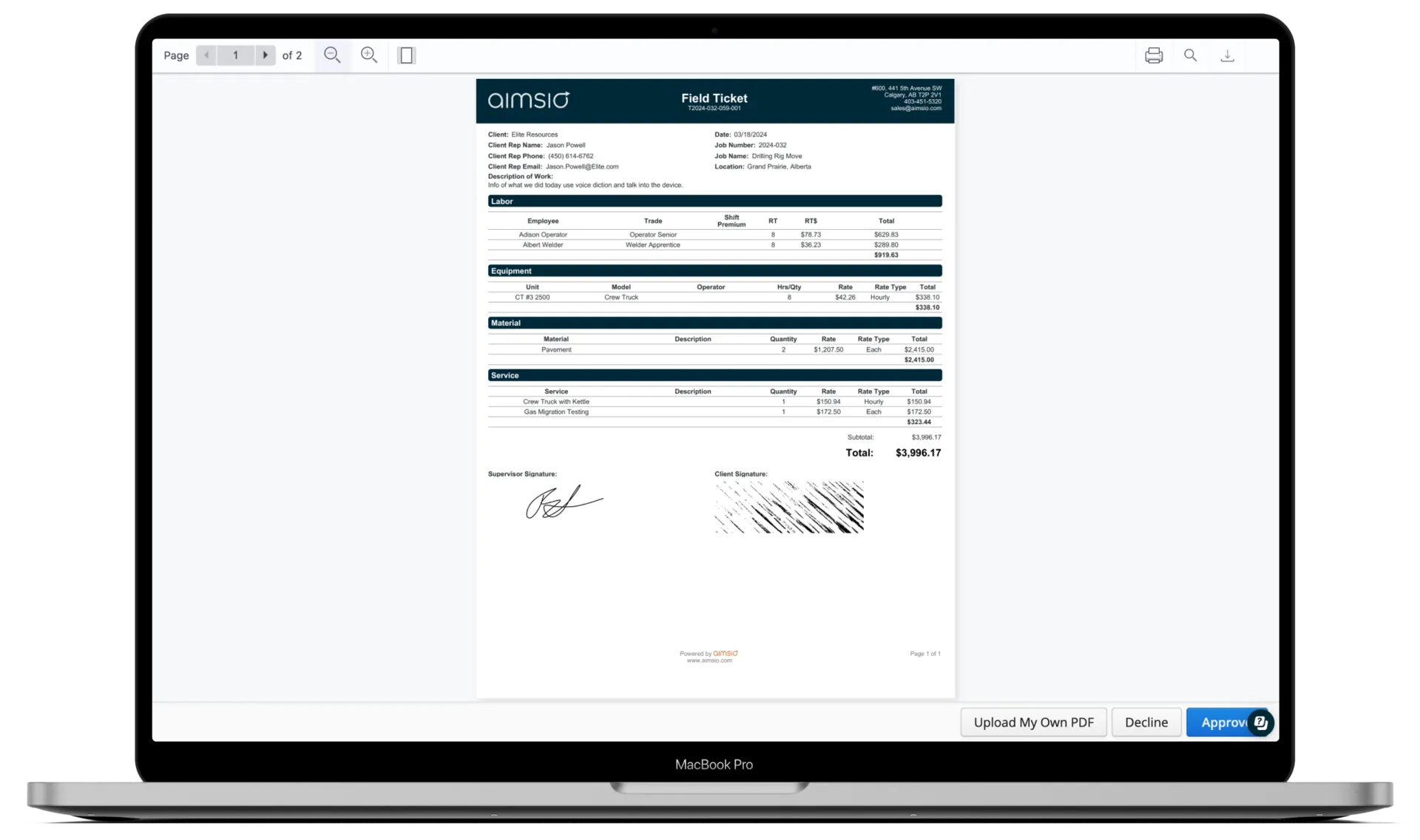 Aimsio field ticket to invoice conversion screen