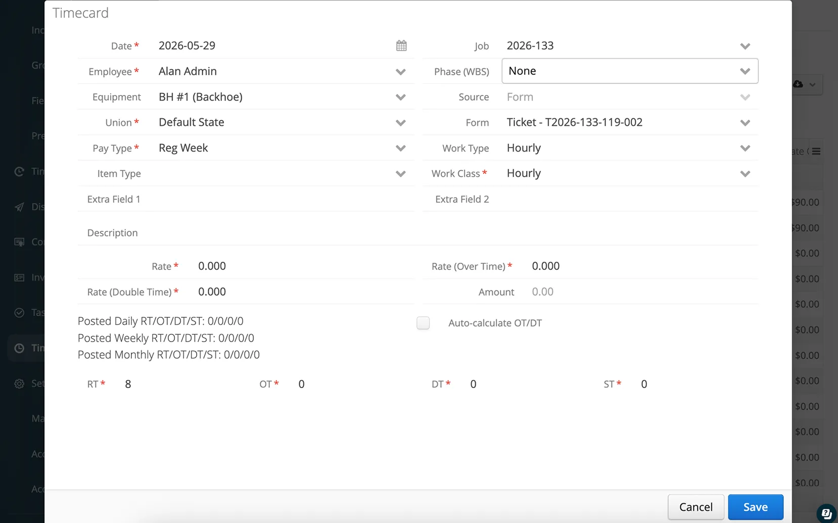 Aimsio Job Costing dashboard showing real-time labor and equipment costs