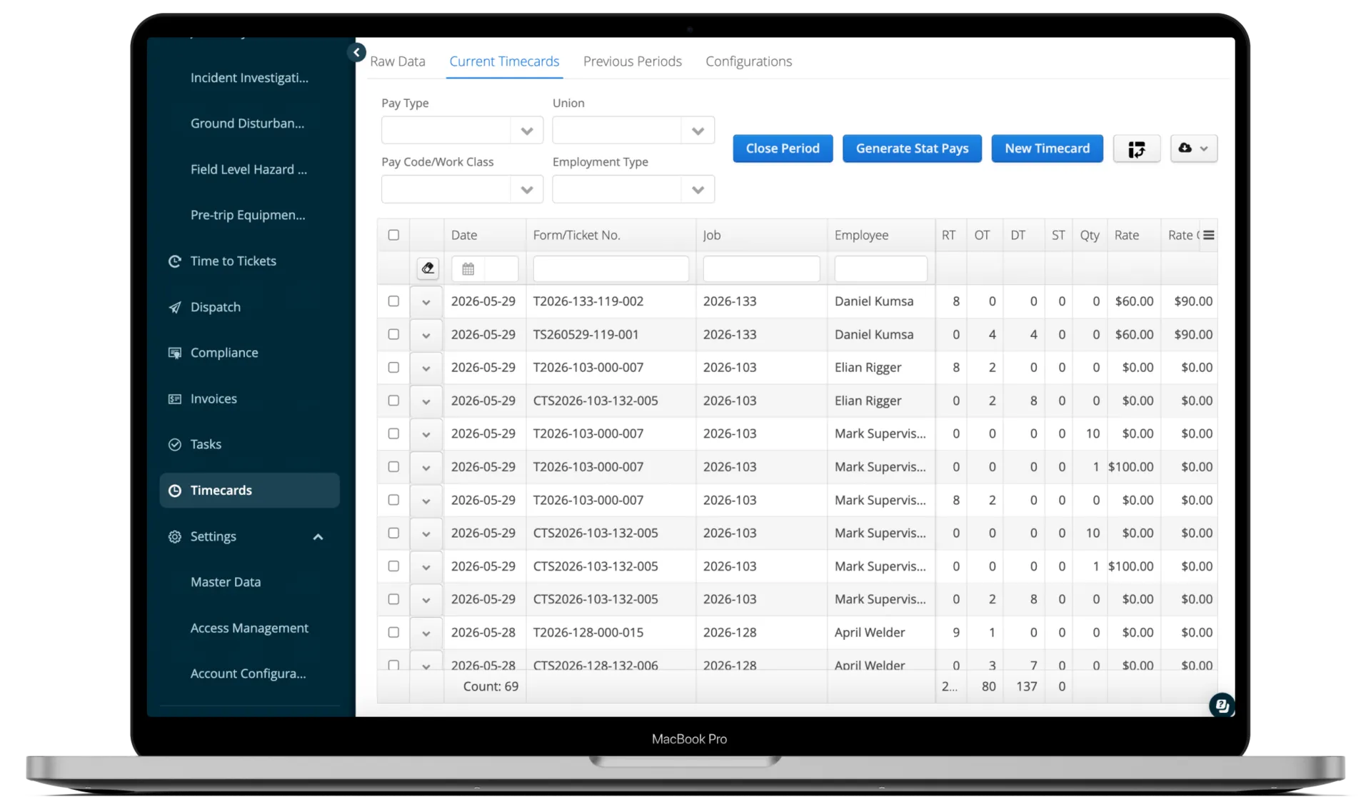 Aimsio Timecards processed from field data