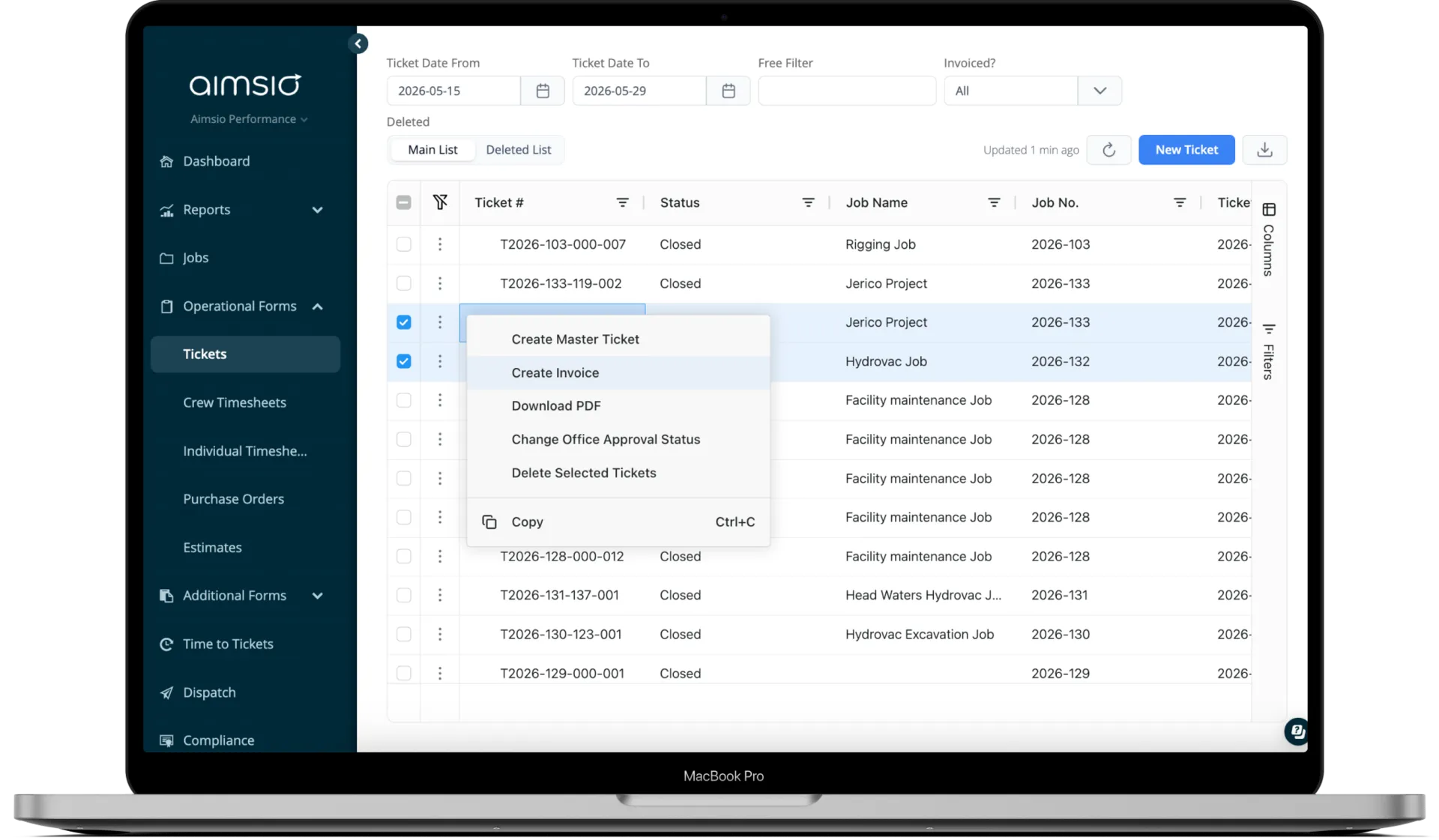 Aimsio invoice generation from completed job