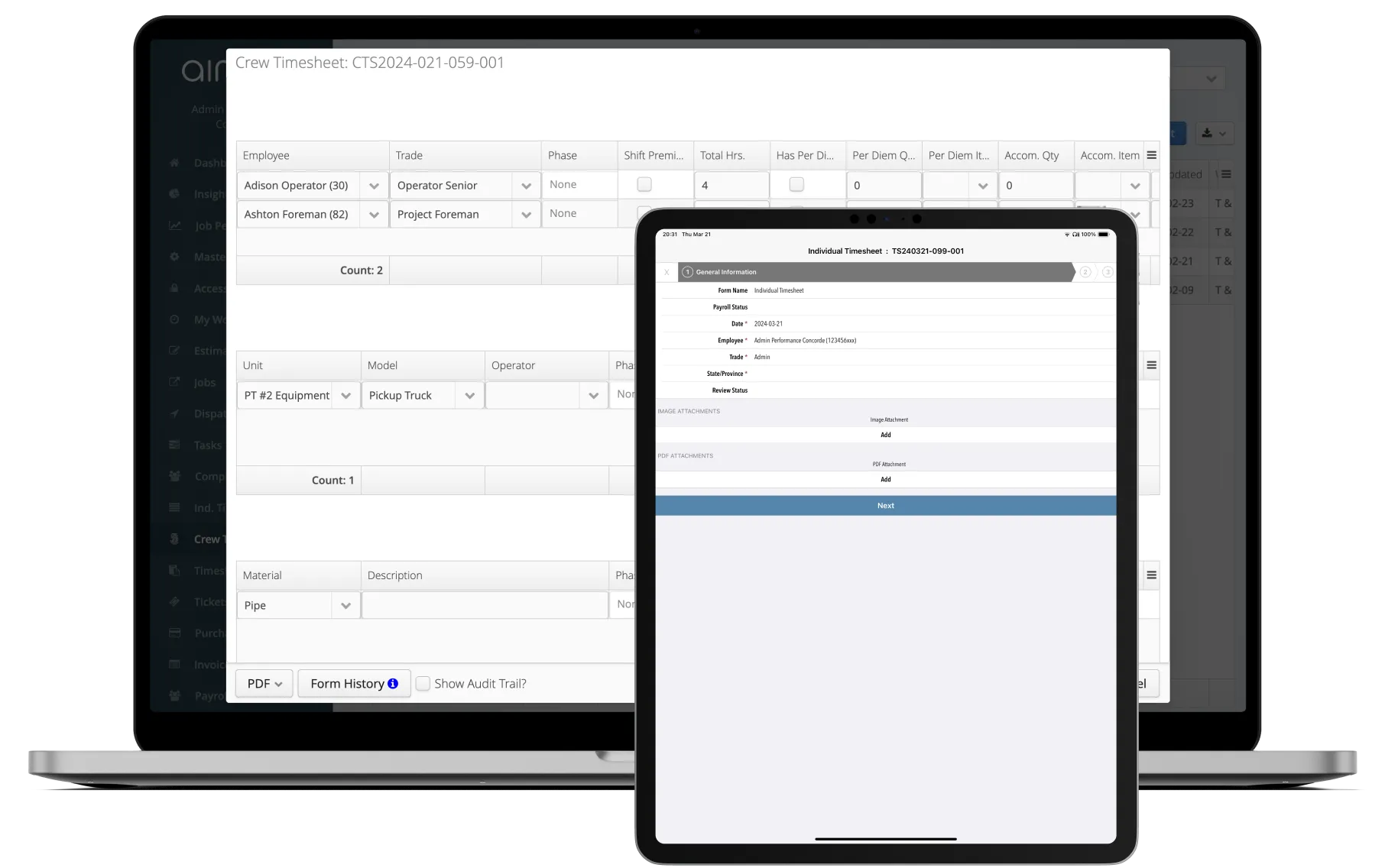 Aimsio timesheet with automatic RT/OT split