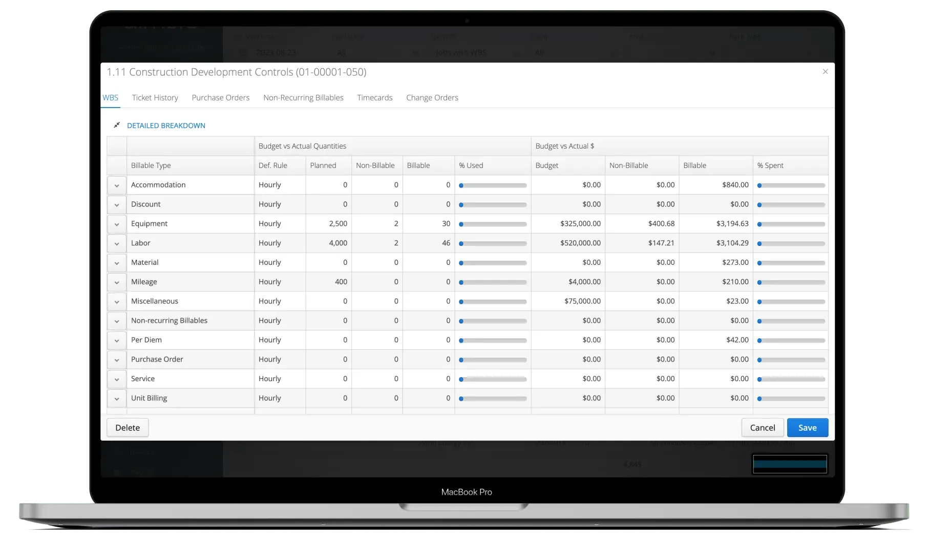 Aimsio WBS table showing contract values