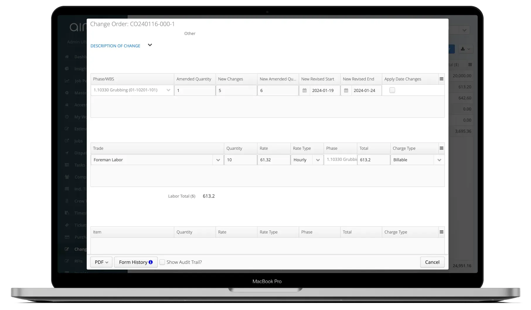 Aimsio change order submission form showing new change order creation