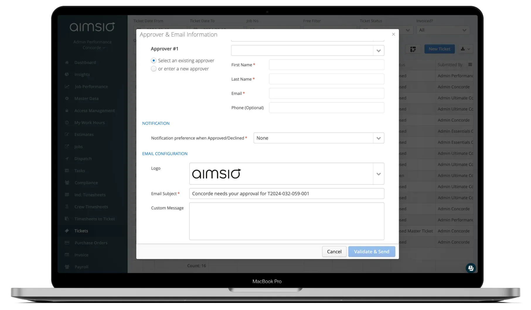 Aimsio Client Portal configuration screen for setting approvers