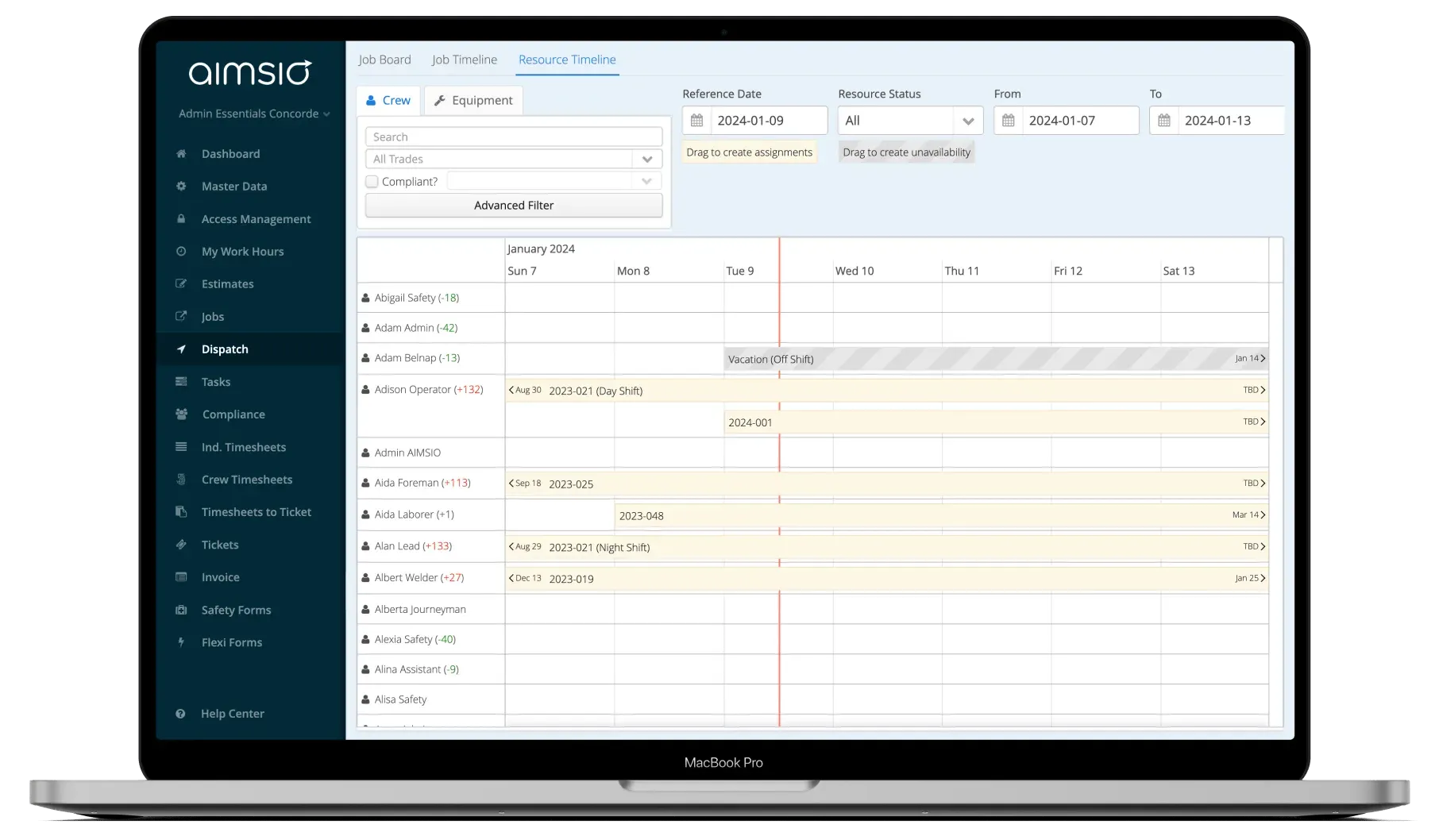Crew and driver tracking in Aimsio