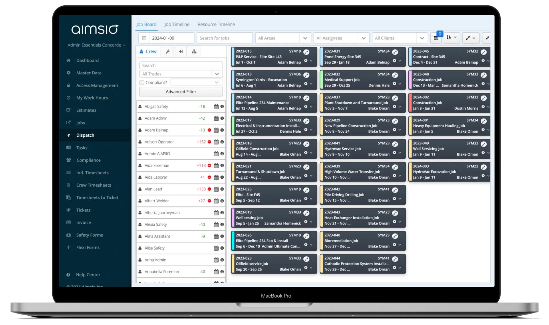 Aimsio Dispatch board showing drag-and-drop crew scheduling