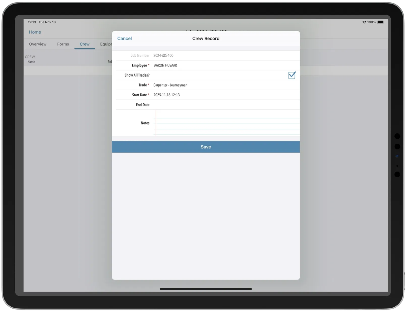 Aimsio job setup screen showing crew requirements and dates