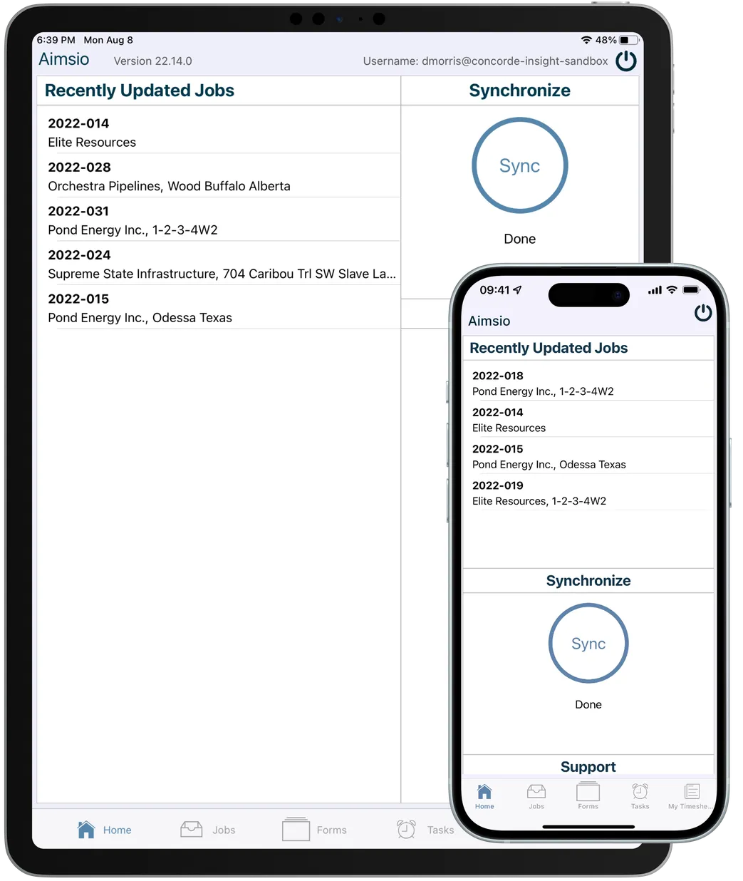 Aimsio mobile app showing job assignment notification and details