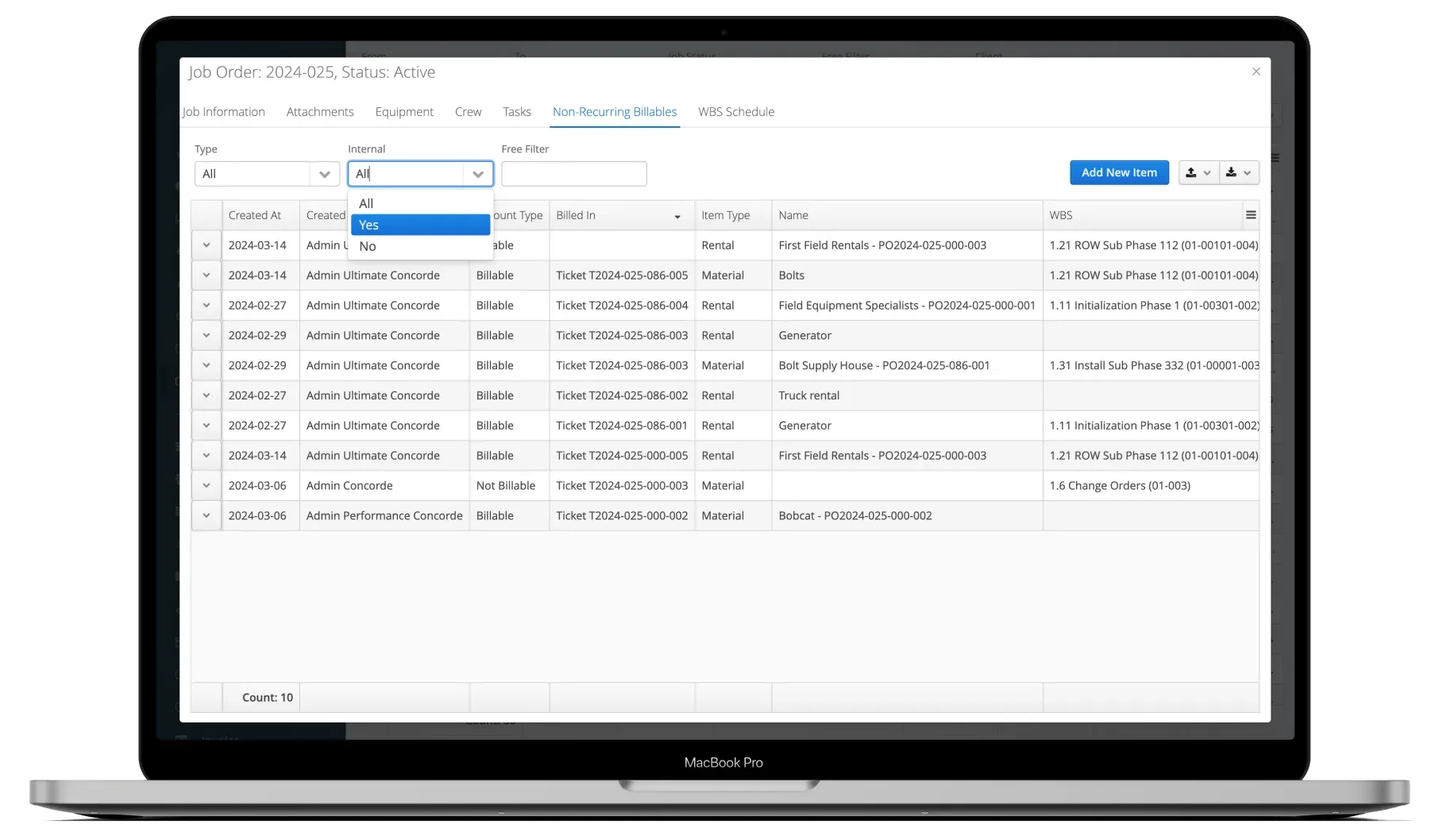 Aimsio non-recurring billables tab showing all NRBs on a job