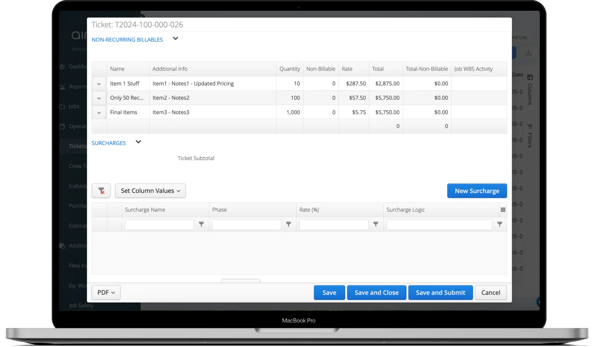 Aimsio NRB items charged on ticket and ready for invoicing