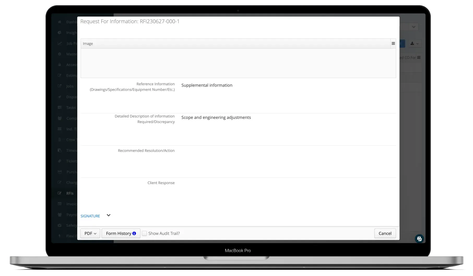 Aimsio RFI additional information and change order linking screen