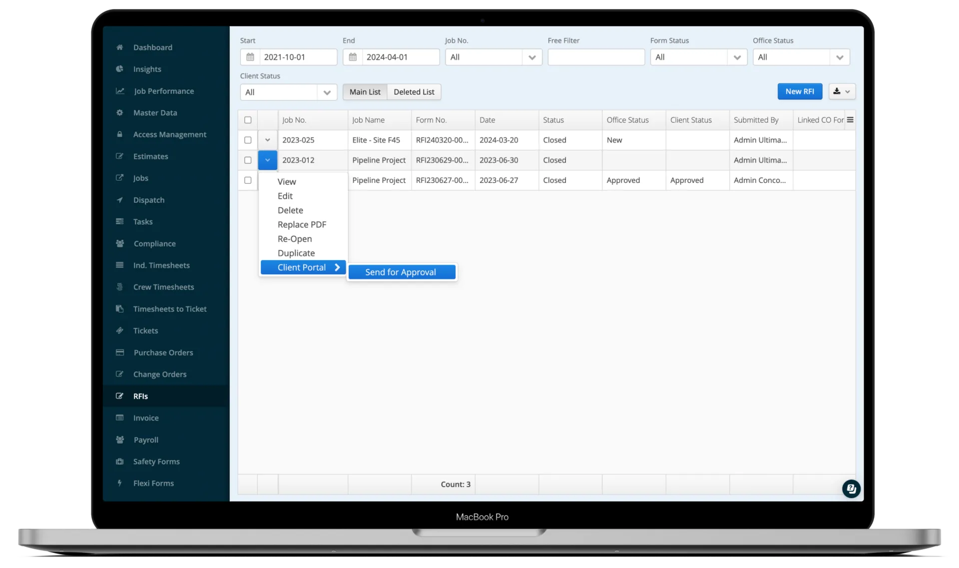 Aimsio RFI additional information response screen