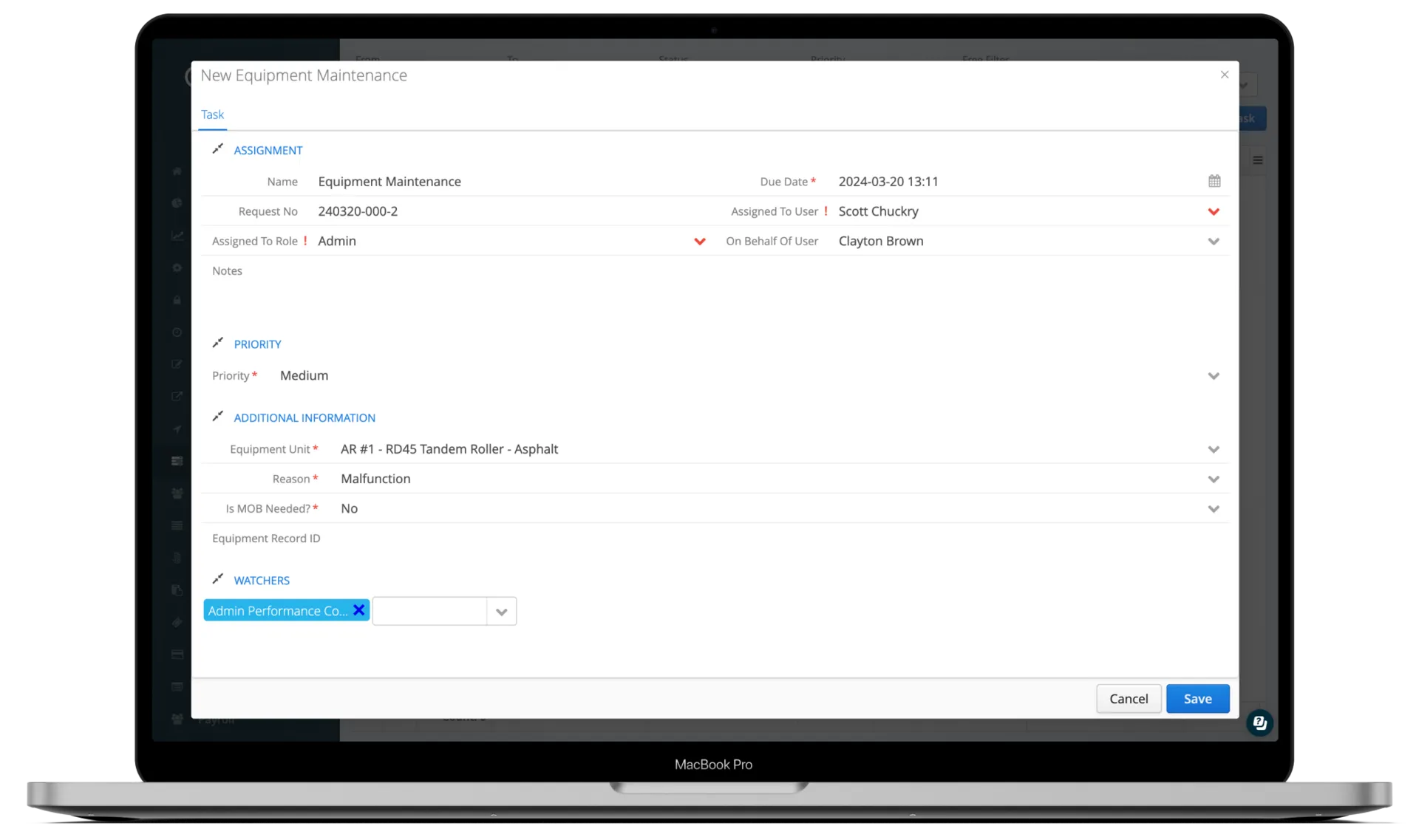 Aimsio task table view showing tasks with assignees, priority levels, and due dates