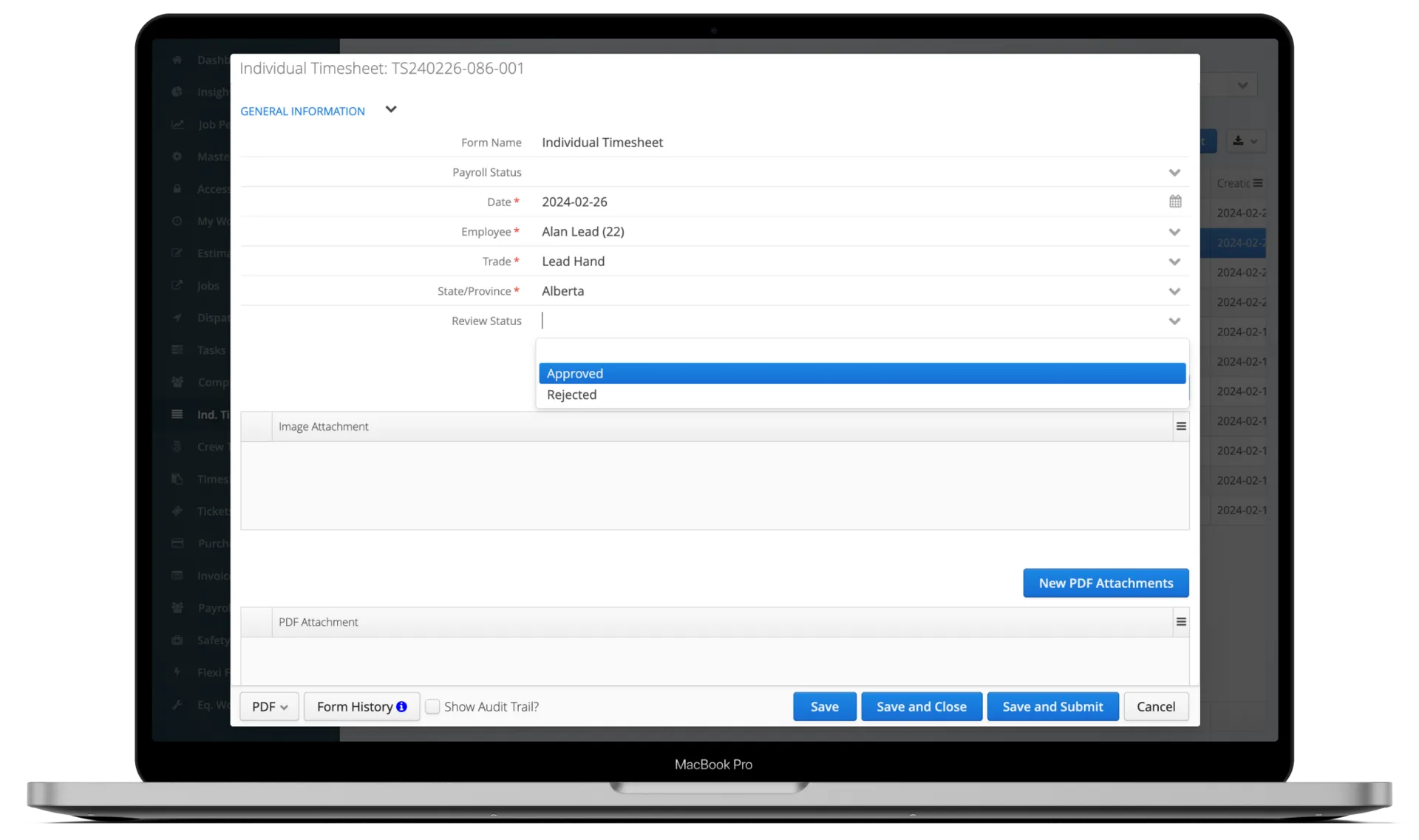 Aimsio task table view showing auto-generated timesheets for approval