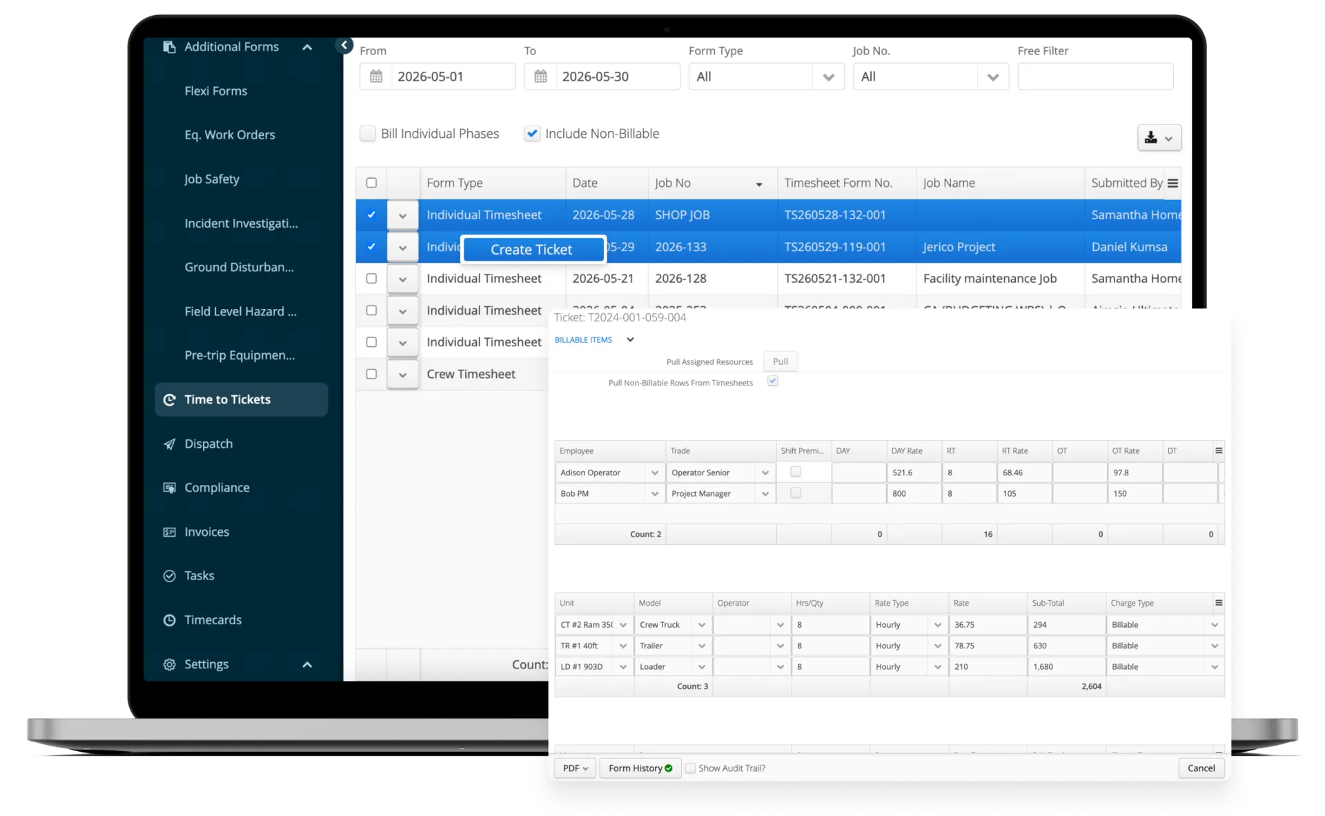 Aimsio timesheet export view