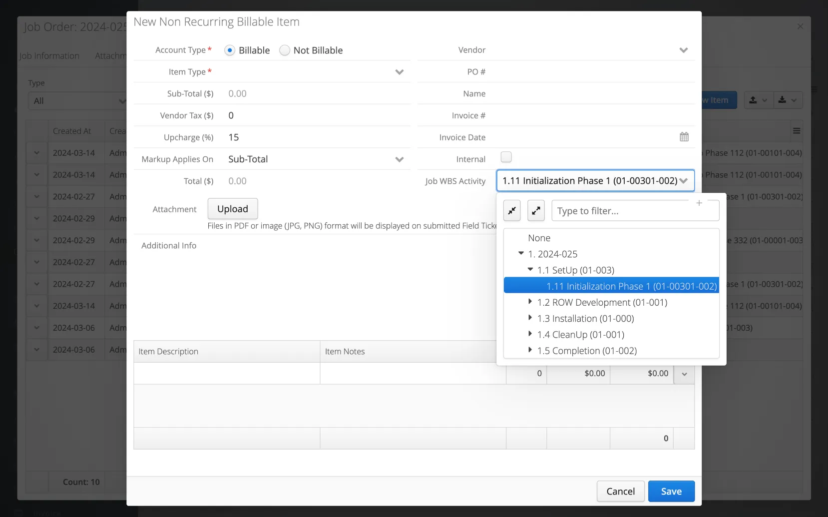 Aimsio non-recurring billables screen showing third-party cost capture at the job level