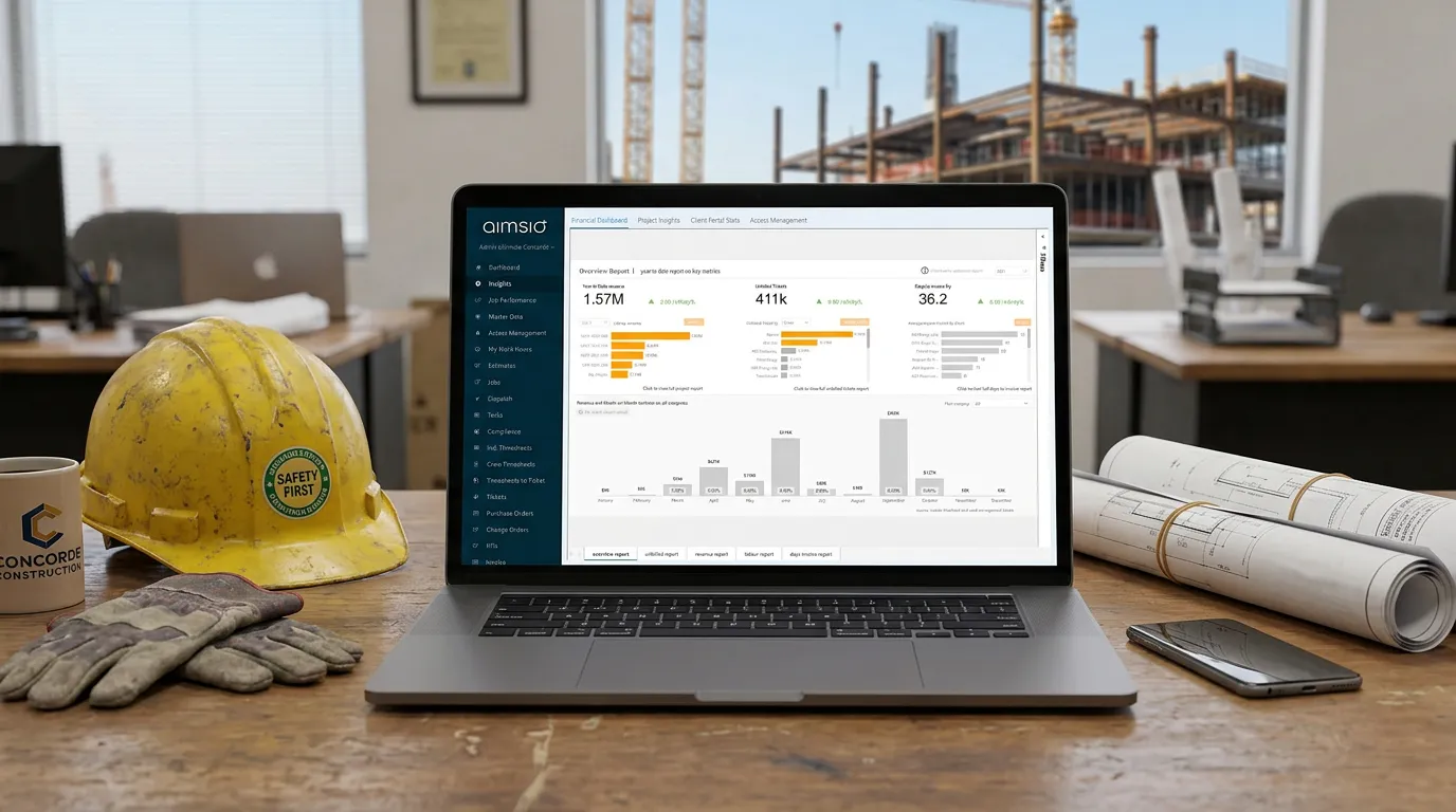 Laptop displaying analytics dashboard with charts and KPIs in an office