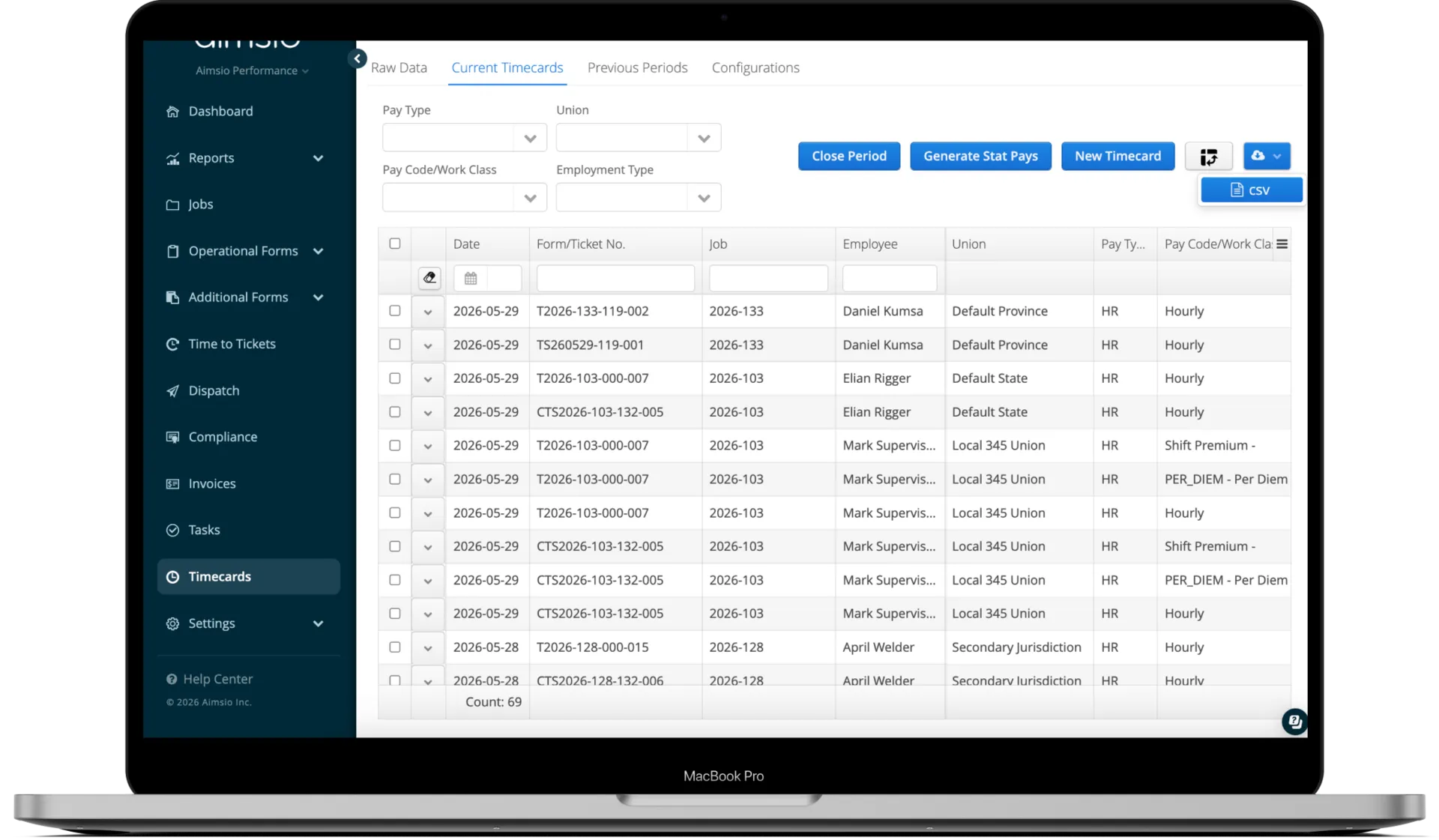 Aimsio pay period close and payroll export