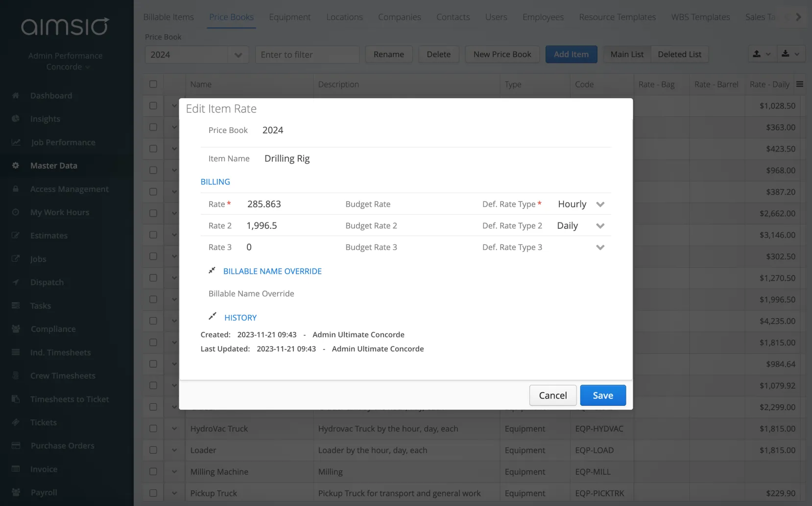 Aimsio price book management showing client rate sheets