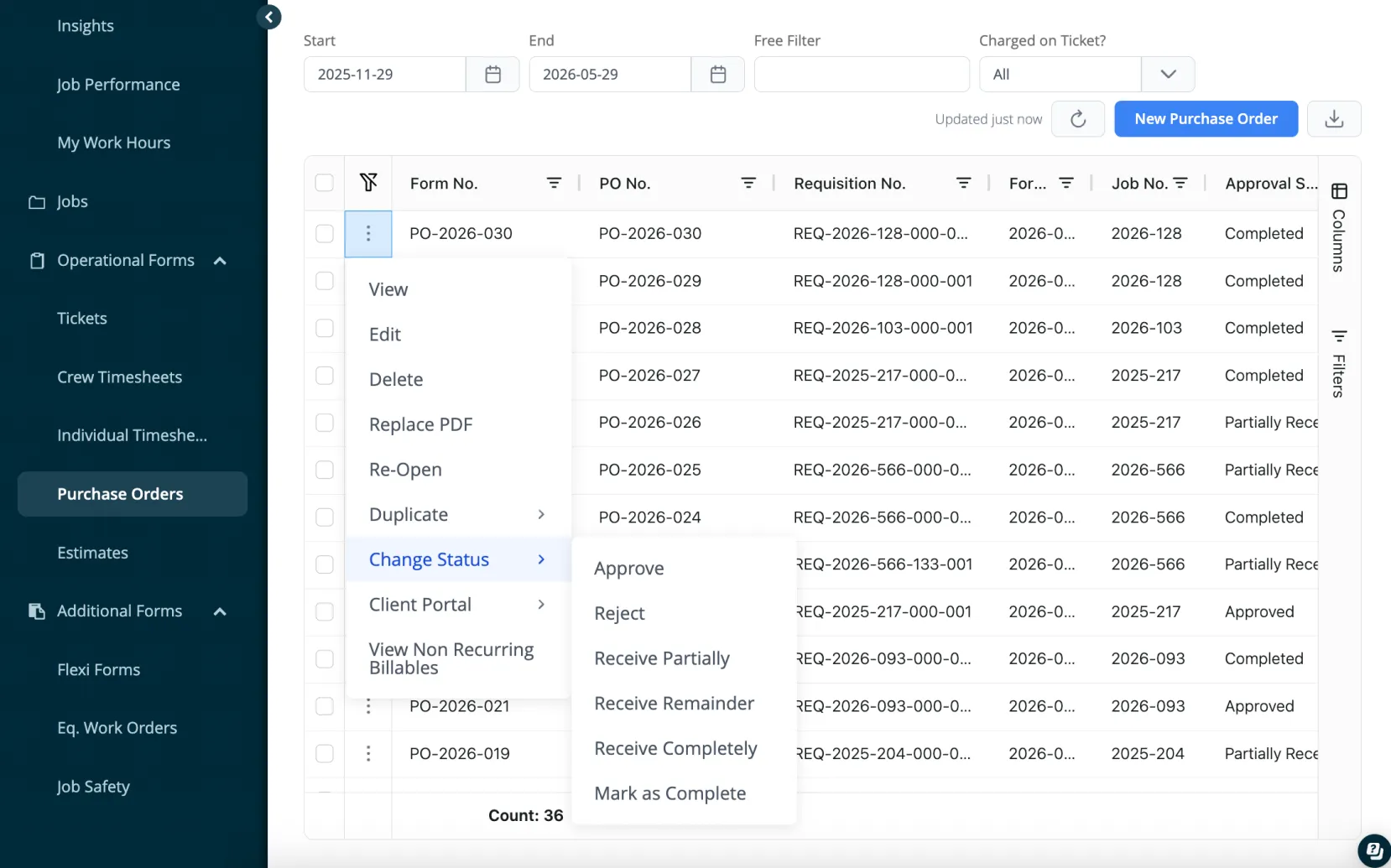 Aimsio purchase order management showing PO creation and approval workflow
