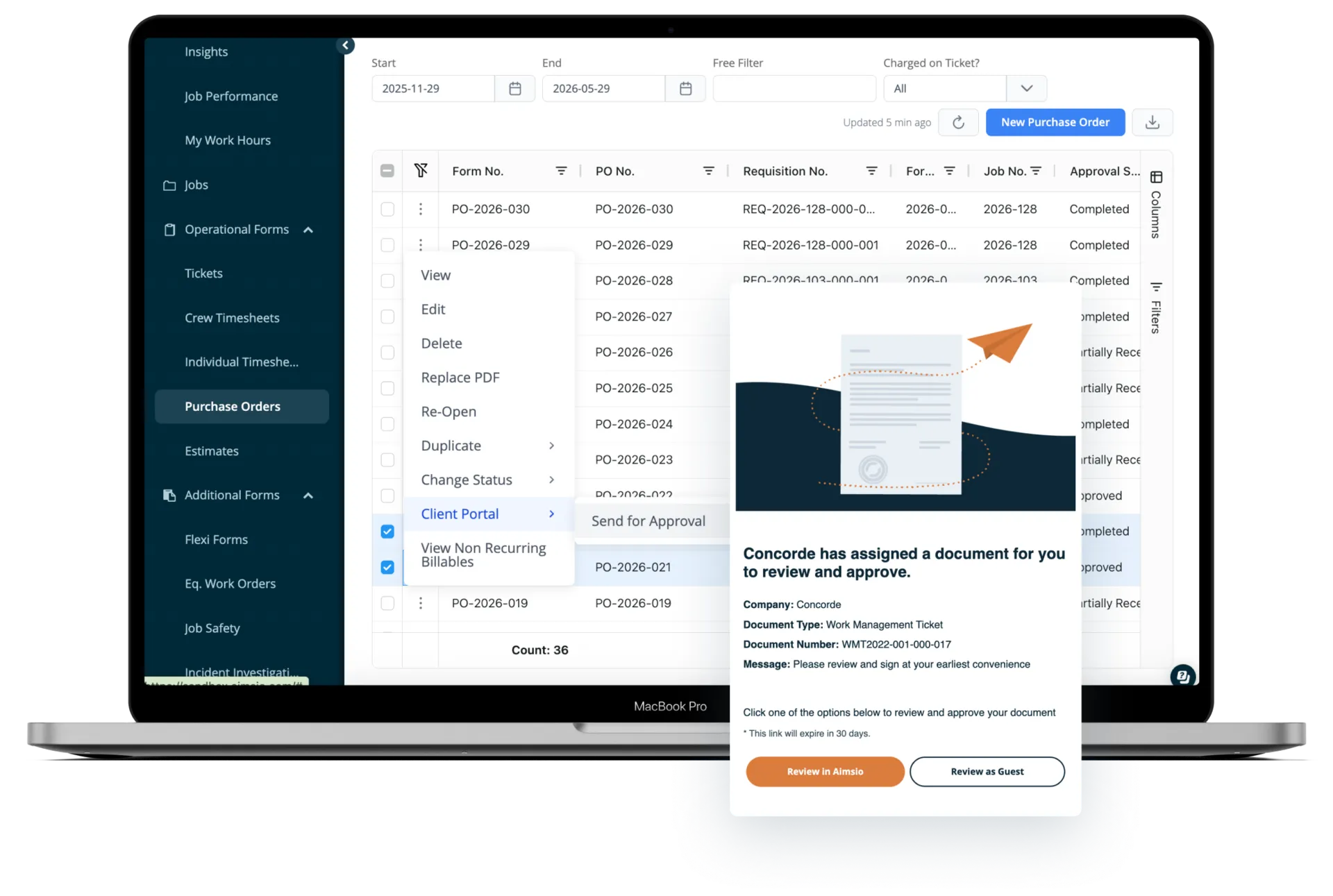 Aimsio purchase order approval workflow showing review and sign-off