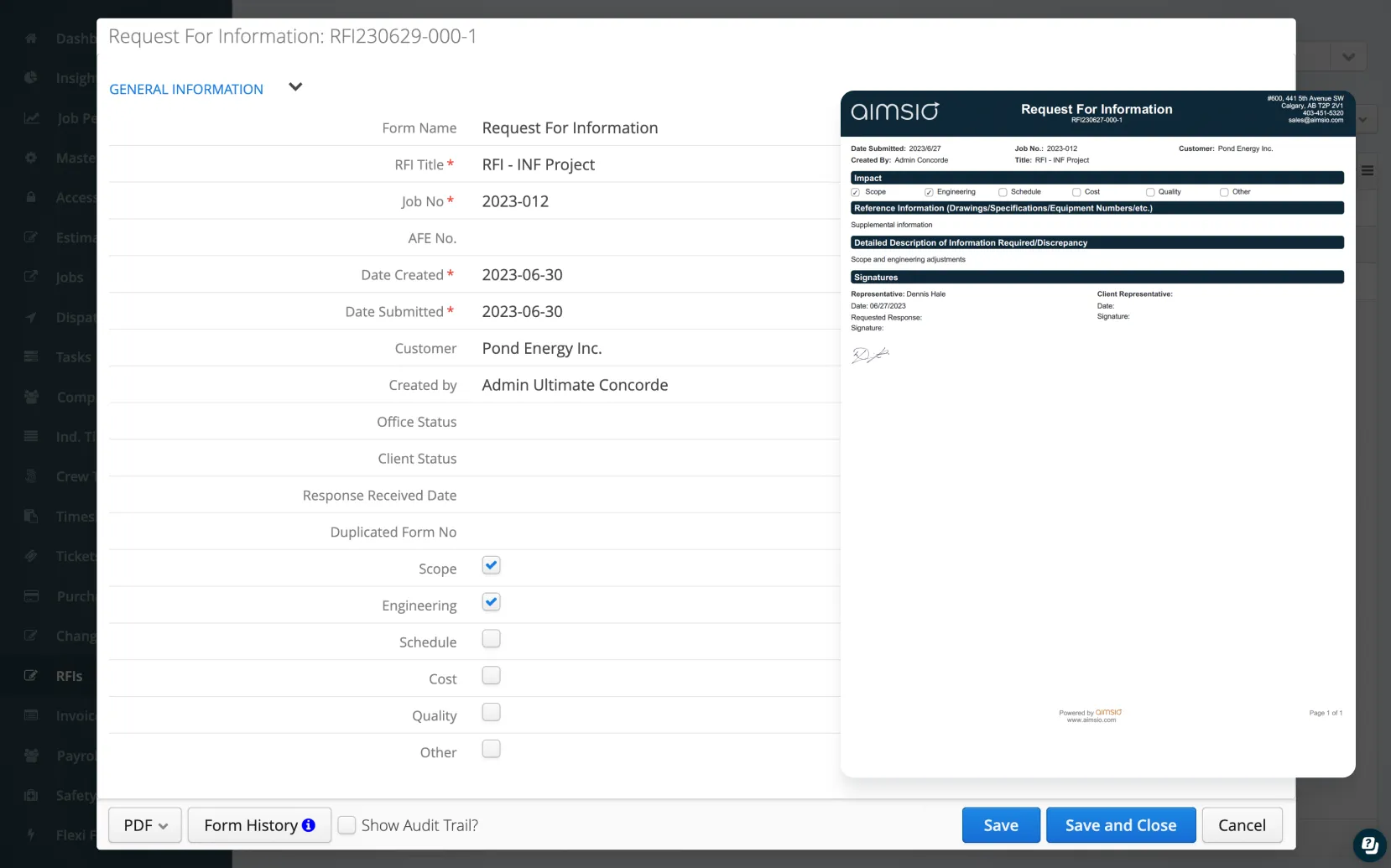 Aimsio RFI management interface showing request tracking